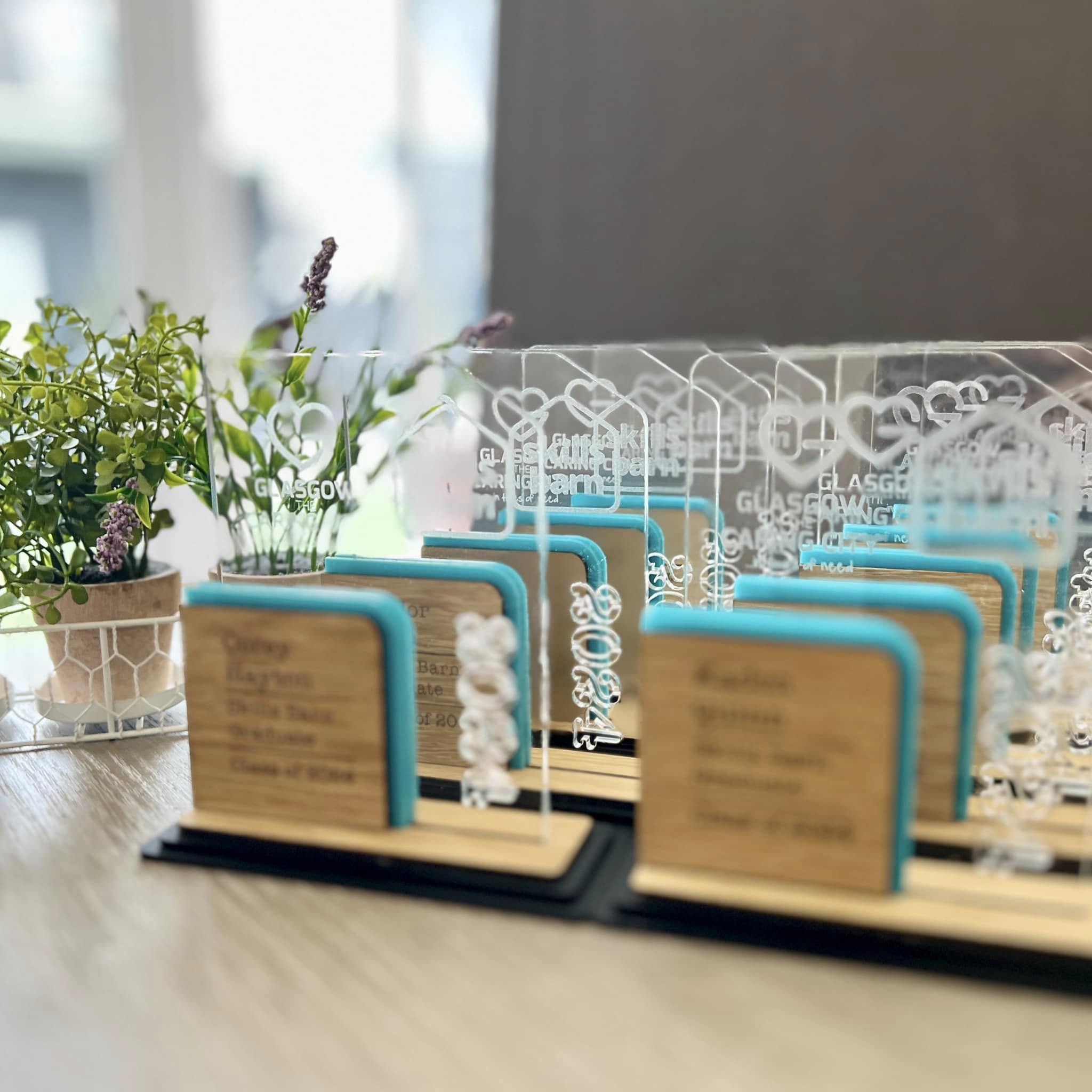 Multiple small, wooden plaques with blue edges displayed on stands, arranged in rows, with a potted plant with purple flowers in the background.