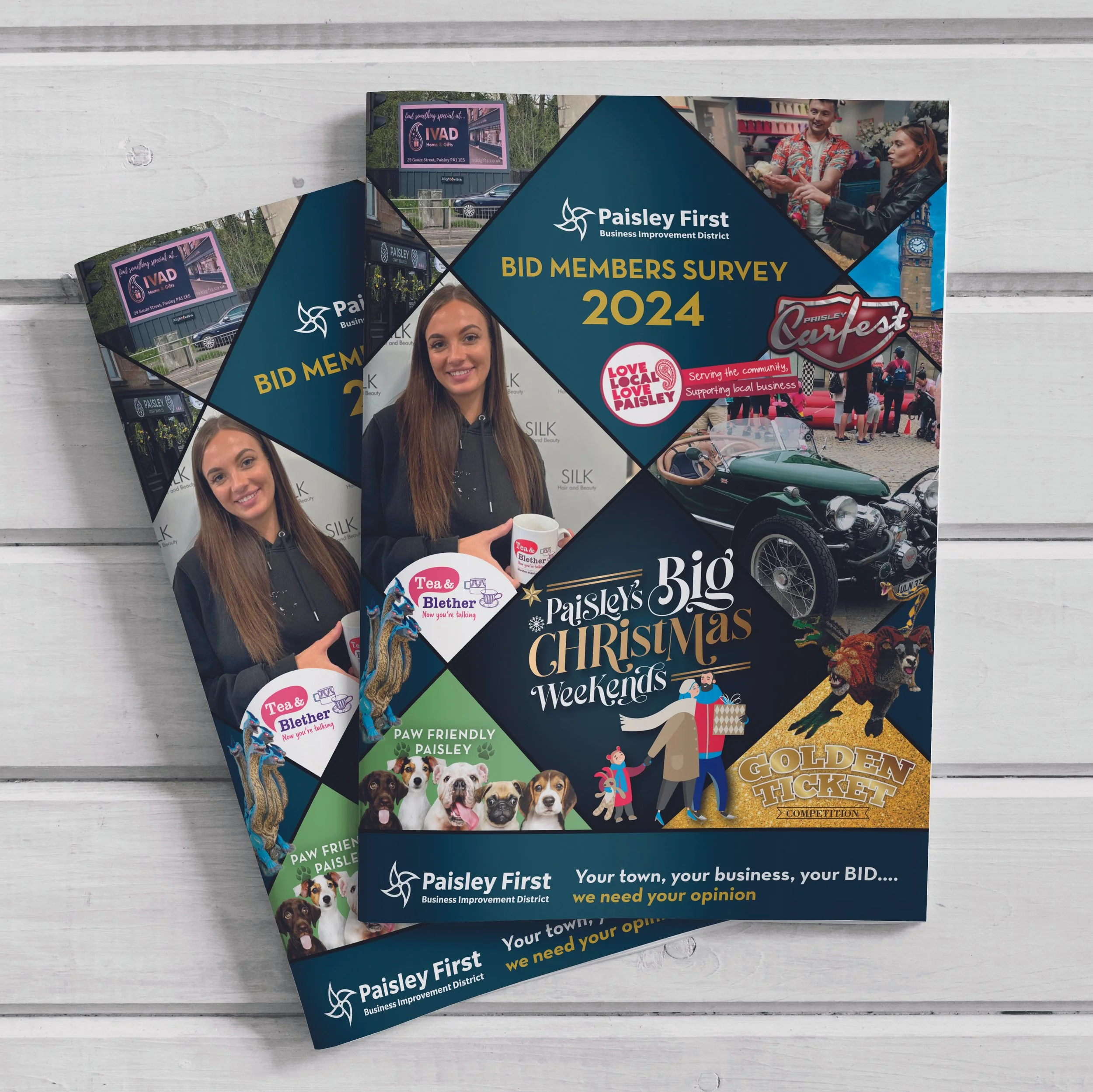 A flyer for Paisley's Big Christmas Weekends 2024, featuring images of people, a vintage car, dogs, and various community event logos, promoting local business support and community engagement.