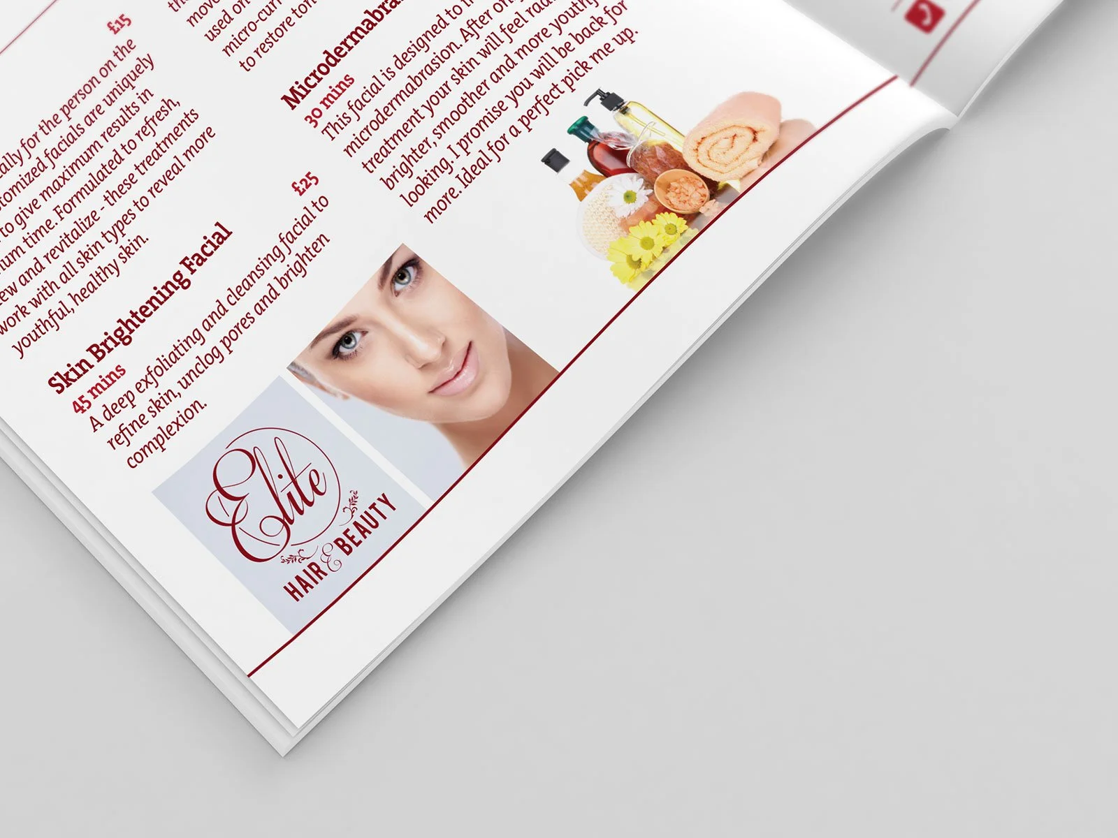 Part of a magazine page featuring skincare and beauty treatment details, including a woman's face, skincare products, and a logo for Elite Hair & Beauty.