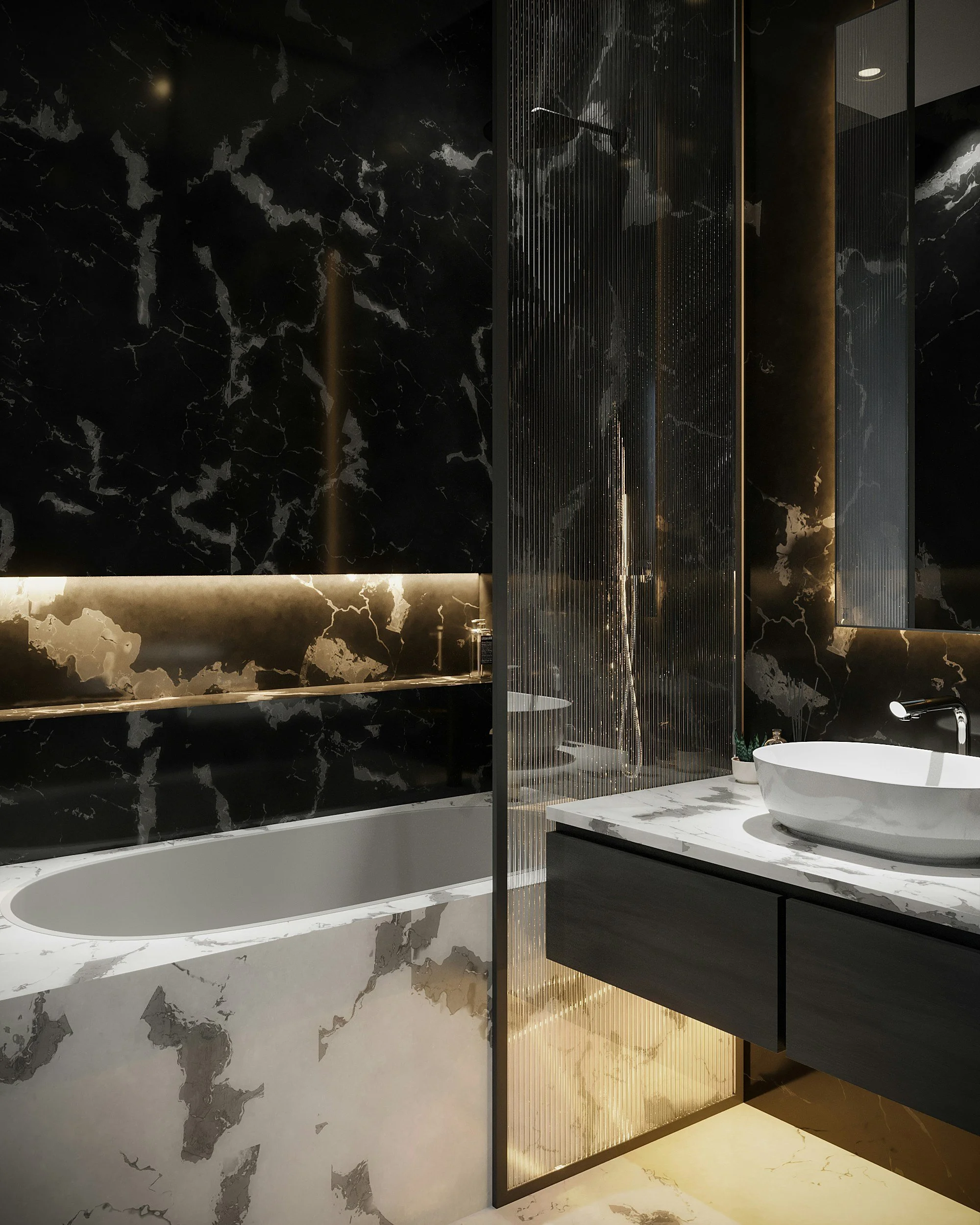 Luxury bathroom with dark marble and warm lighting.