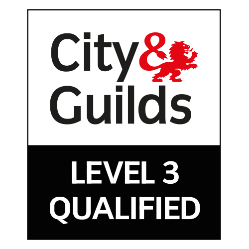 City & Guilds Level 3 Qualified badge with a red ampersand and lion emblem. Upper section shows the logo, lower section displays the qualification level.
