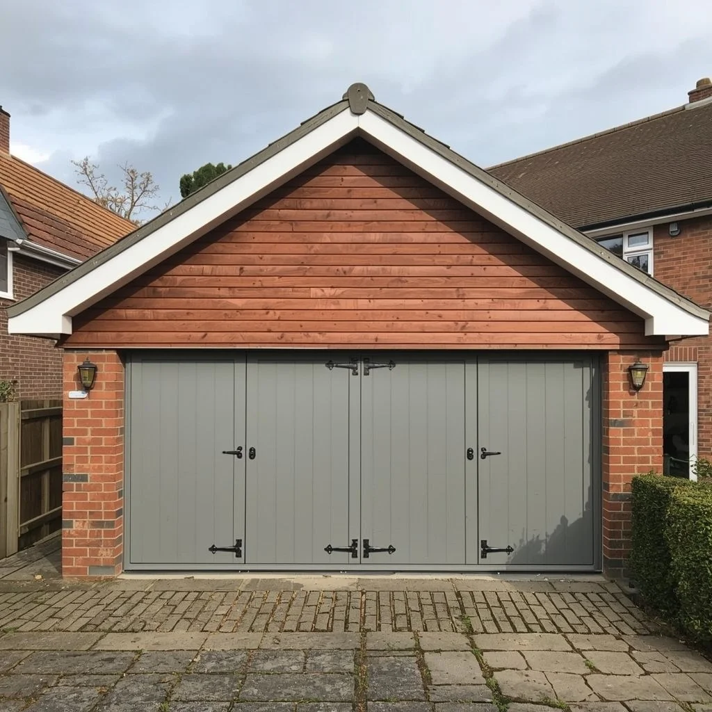 A double garage with light gray wooden doors and black hinges is set in a red brick facade with a sloped wooden roof. The patio features interlocking stones.