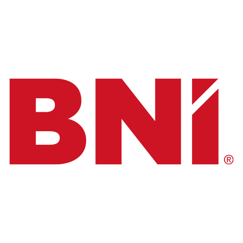 Red "BNI" letters on a light beige background, with a diagonal slash through the "I." The design is bold and modern, conveying professionalism.