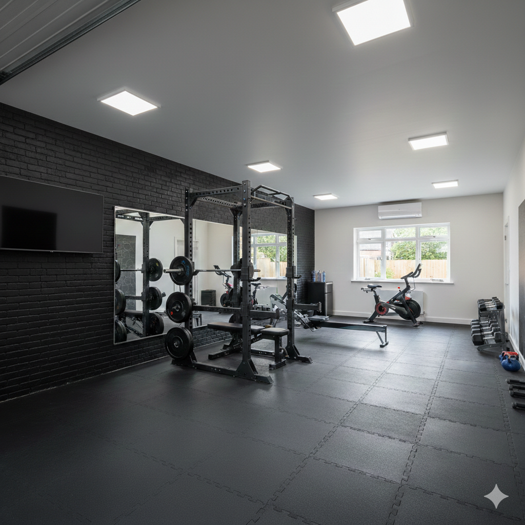 Home gym with weightlifting equipment, rowing machine, dumbbells, water bottles, and mirrors in a well-lit room with a black brick wall and a window.