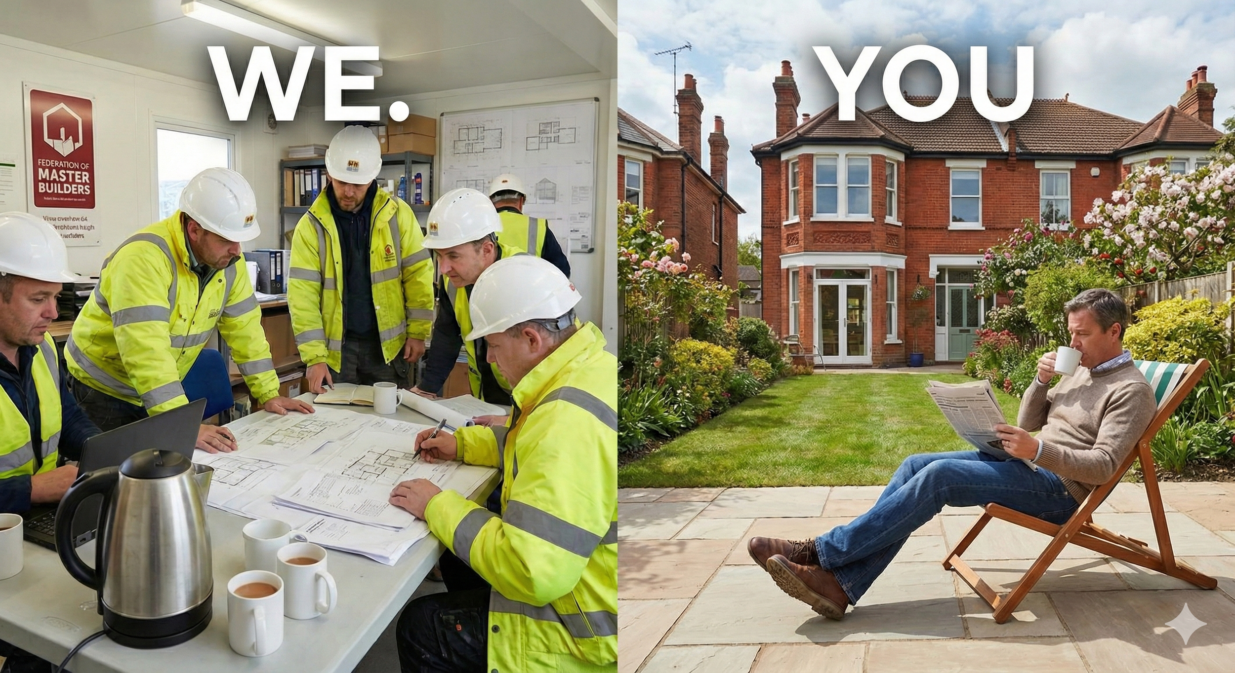 Image split in half: Left shows construction workers in safety gear discussing plans labeled "WE." Right shows a man relaxing with a newspaper in front of a house labeled "YOU."