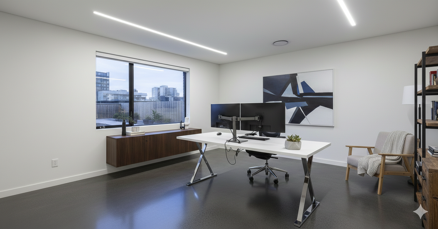 Modern office with a white desk, dual monitors, a black office chair, a wooden sideboard under the window, a beige armchair with a knitted throw, a black metal bookcase with books, and wall art. The room has white walls, black flooring, and simple ceiling lighting.
