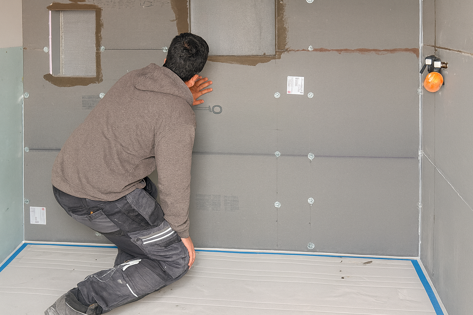 A person kneels, installing drywall in a room. The walls have cut-outs and areas of fresh plaster. Construction and renovation setting.