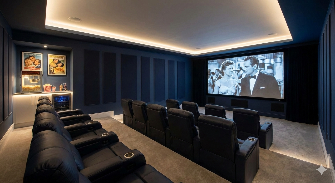 Home theater room with rows of black leather recliner seats facing a large projection screen showing a black-and-white movie scene with a man and woman. The room has dark blue walls, a beige carpet, and a popcorn machine with posters on the left side.