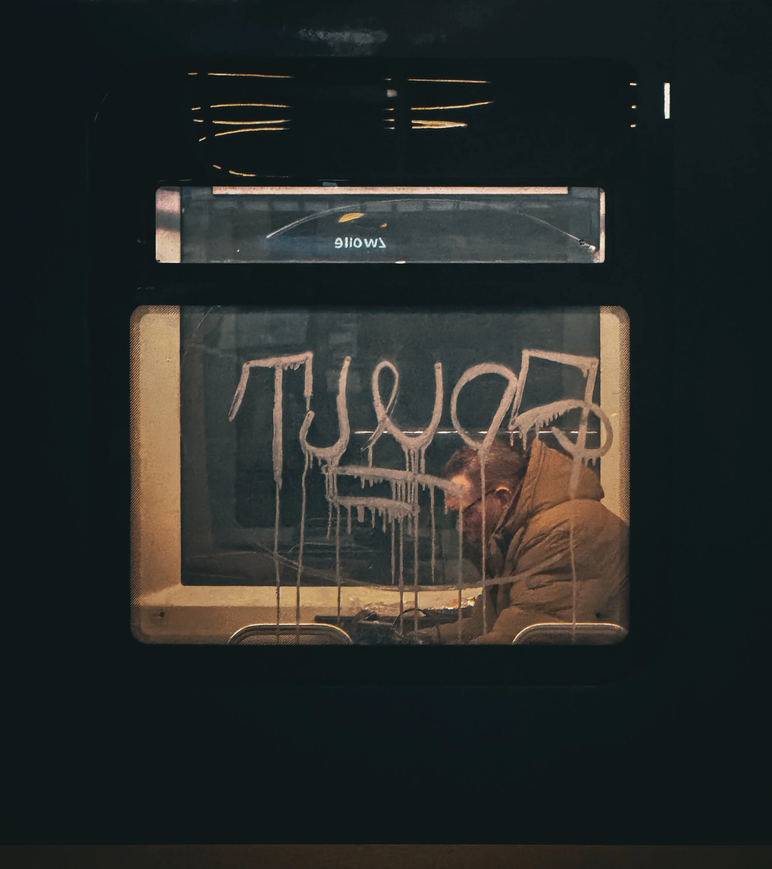 A subway train window with the word 'STUDY' written on it in chalk and the reflection of a man wearing a tan jacket inside, with the word 'smile' written backwards on the top part of the window.