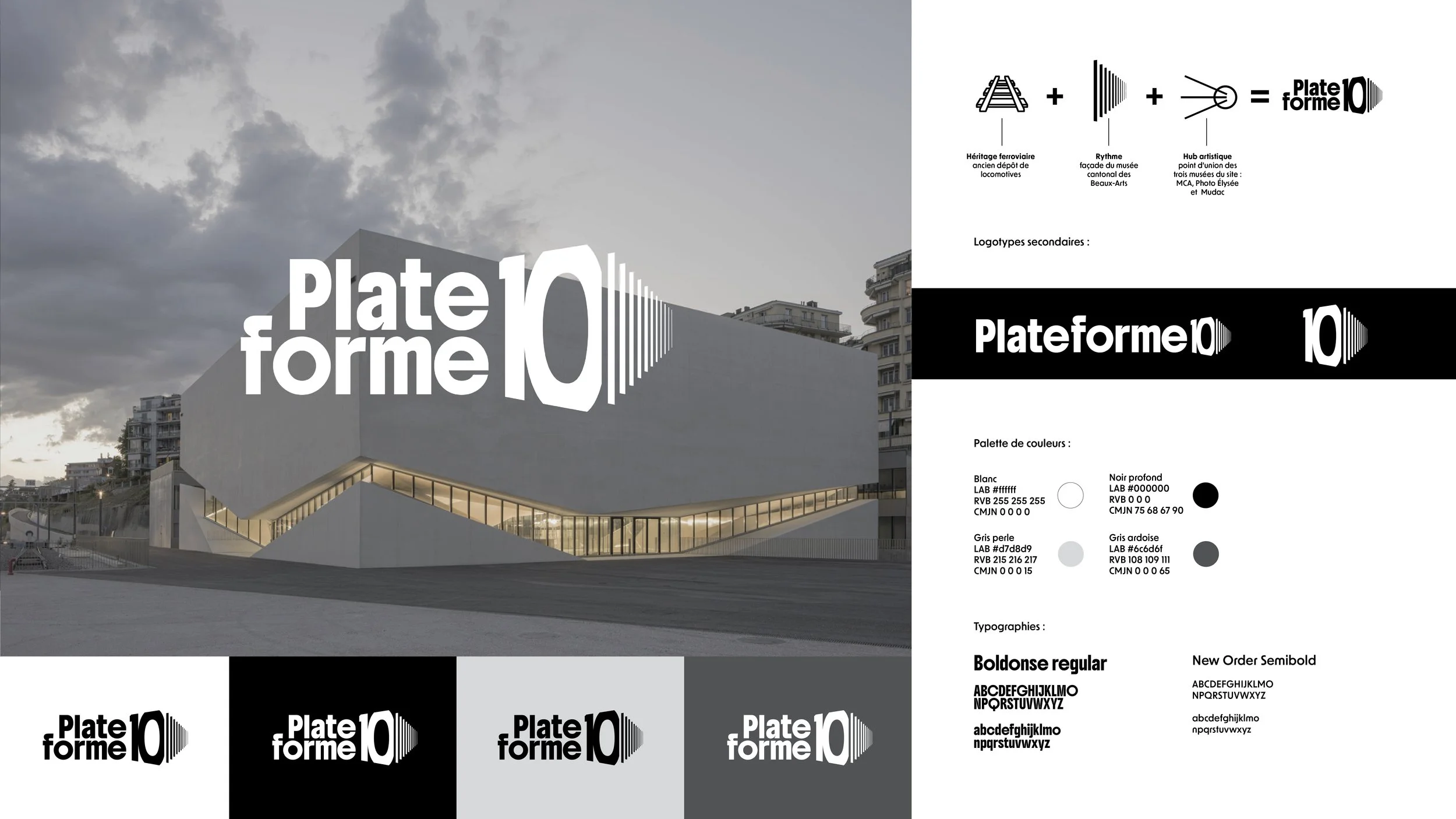 Architecture moderne Plateforme 10 à Lausanne avec grand logo '10' stylisé blanc et inscription. Diagramme schématique de conception du logo et détails de la palette de couleurs par Bower Studio. Signalétique et branding culturel.