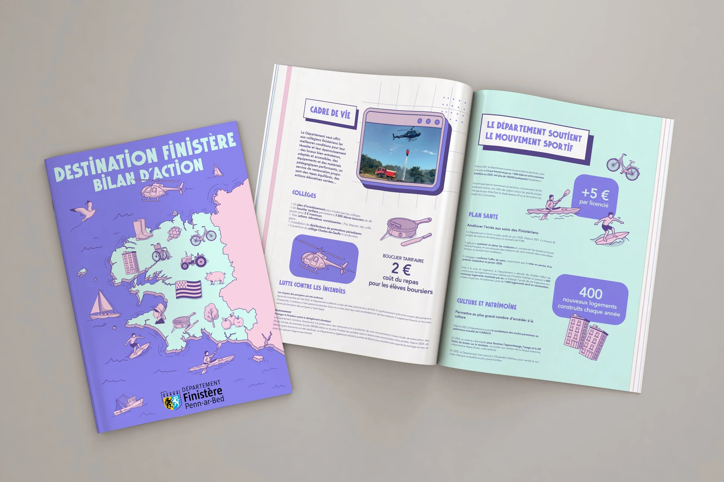 Brochure institutionnelle du Département du Finistère : design graphique par Bower Studio. Illustrations de carte, nautisme et transports en couverture. Mise en page sport, santé et logement.