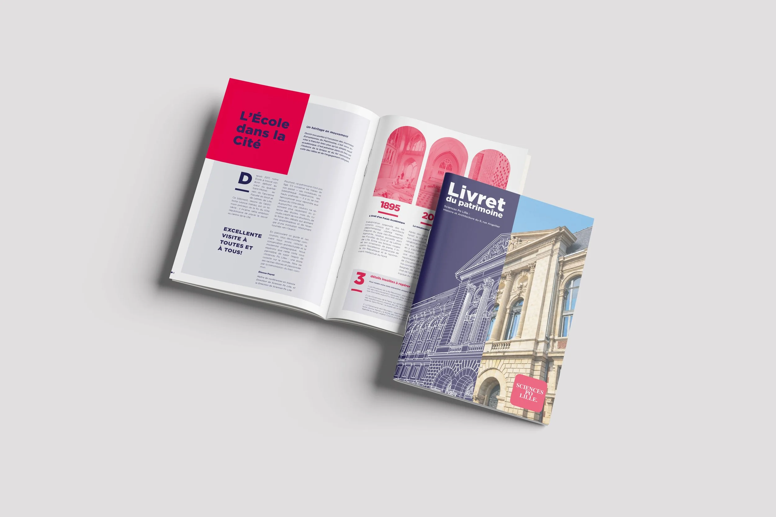 Design d’édition par Bower Studio : Livret du Patrimoine et magazine "L’école dans la Cité". Mise en page institutionnelle premium sur fond gris clair, expertise en print et communication publique.