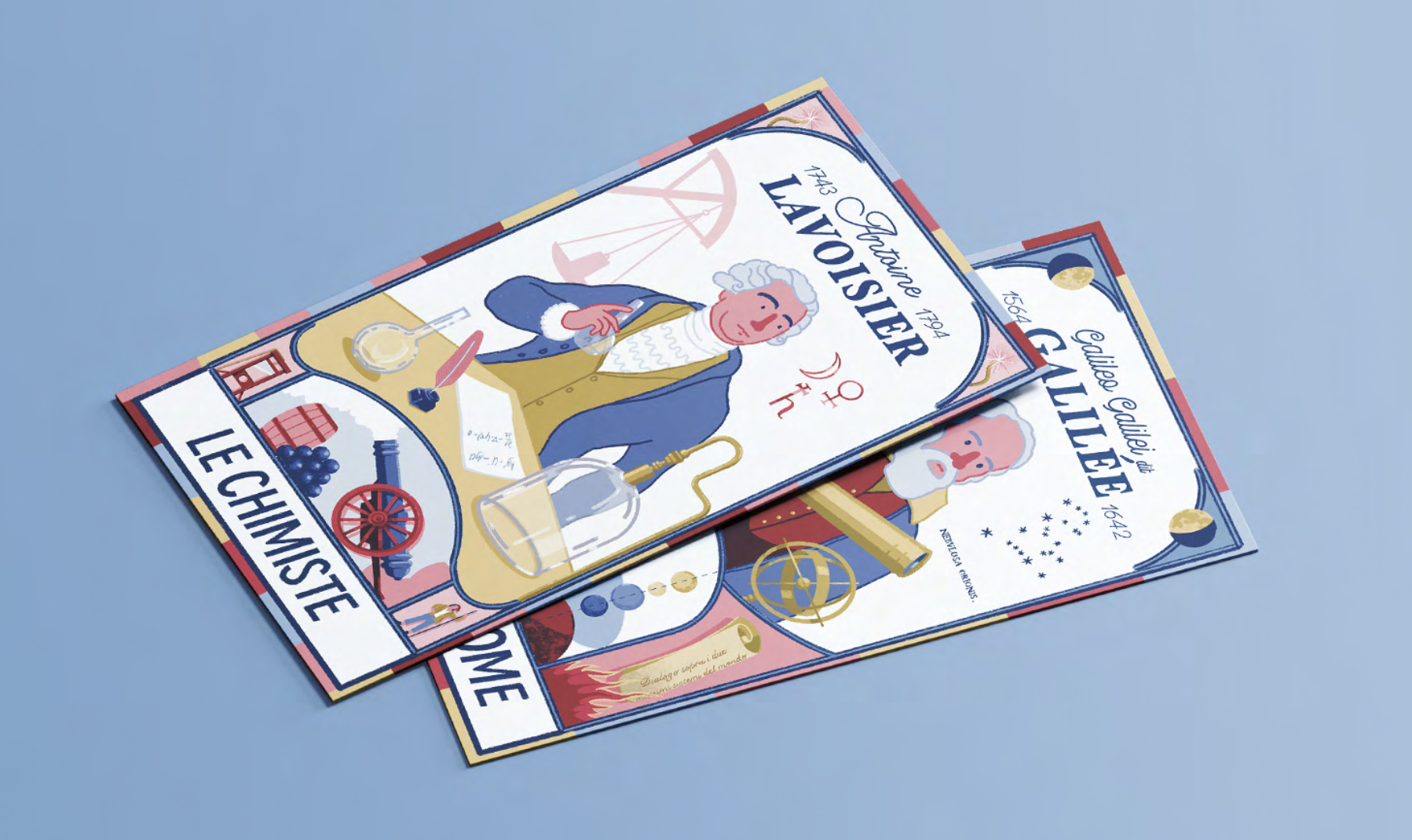 Découvertes sur l'histoire du chimiste Antoine Lavoisier, incluant illustrations d'instruments scientifiques, de textes et de portraits de Lavoisier, avec une ambiance éducative et historique.