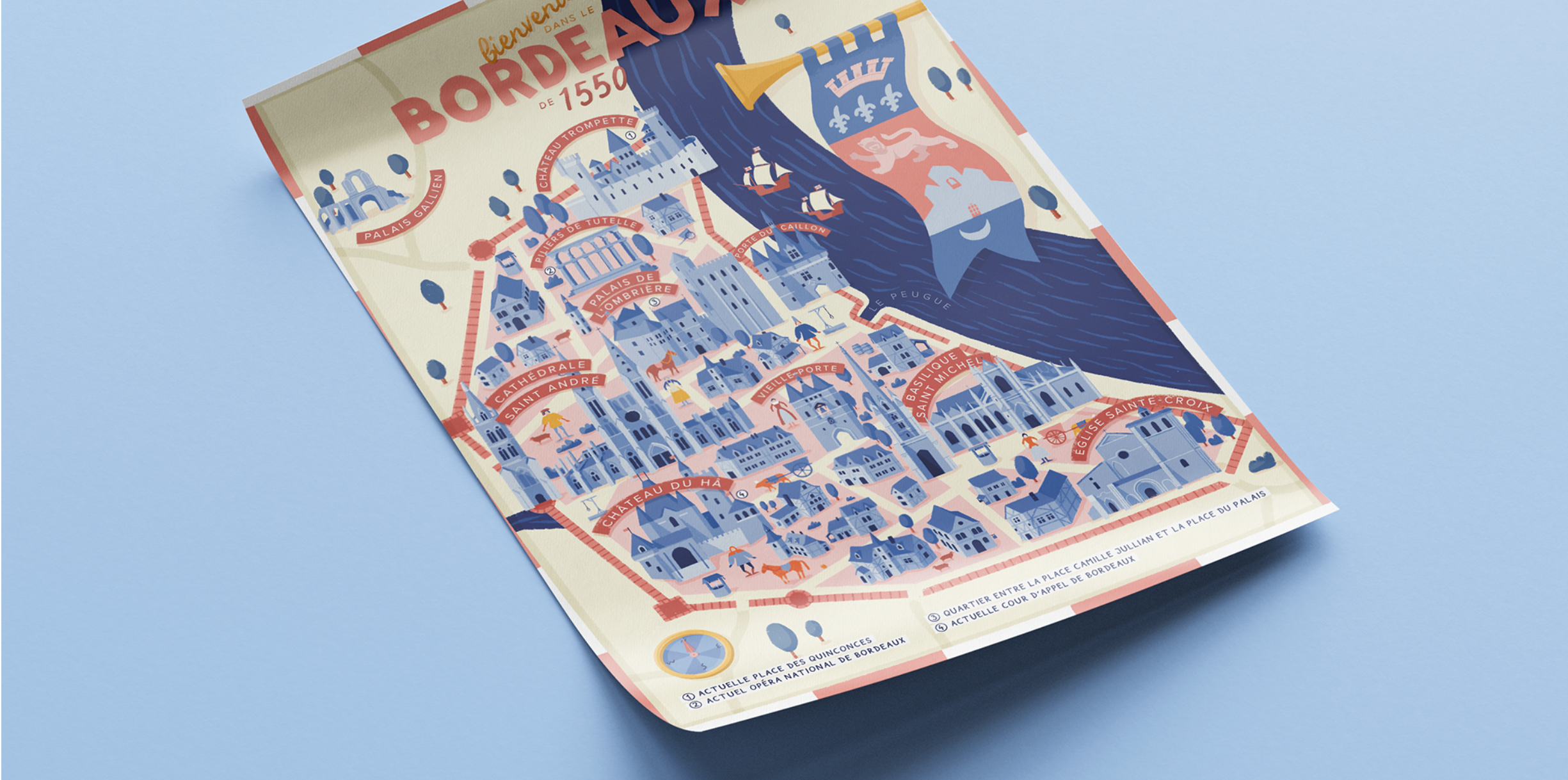 Carte illustrée et historique de la ville de Bordeaux au XVIème siècle. Affiche décorative et pédagogique qui met en avant le patrimoine de la métropole, UNESCO