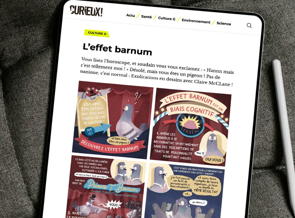 Page web sur la catégorie 'Culture G' expliquant l'effet barnum avec plusieurs illustrations de pigeons et explications sur cet effet psychologique.