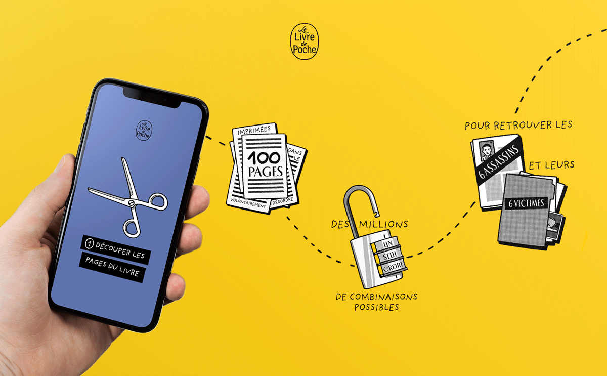 Une main tient un téléphone affichant une paire de ciseaux et le texte 'Découper les pages du livre'. À côté, un graphique illustrant le processus de création d'un livre à partir de pages imprimées, avec des dessins de pages, un cadenas, et des dossiers contenant des victimes et des assassins, sur un fond jaune avec le logo 'Le Livre de Poche'.