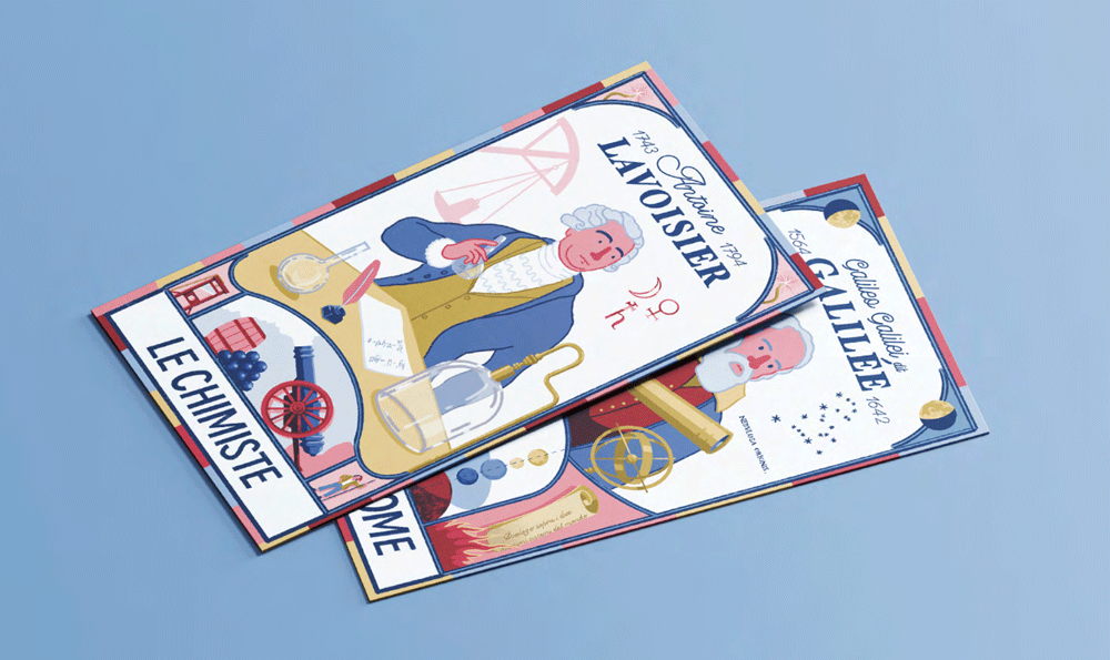 Deux flyers illustrés sur la Révolution française, l'un pour le révolutionnaire dans la famille, l'autre pour le guide de la famille, avec des images de personnages historiques, de symboles et d'éléments liés à cette période.