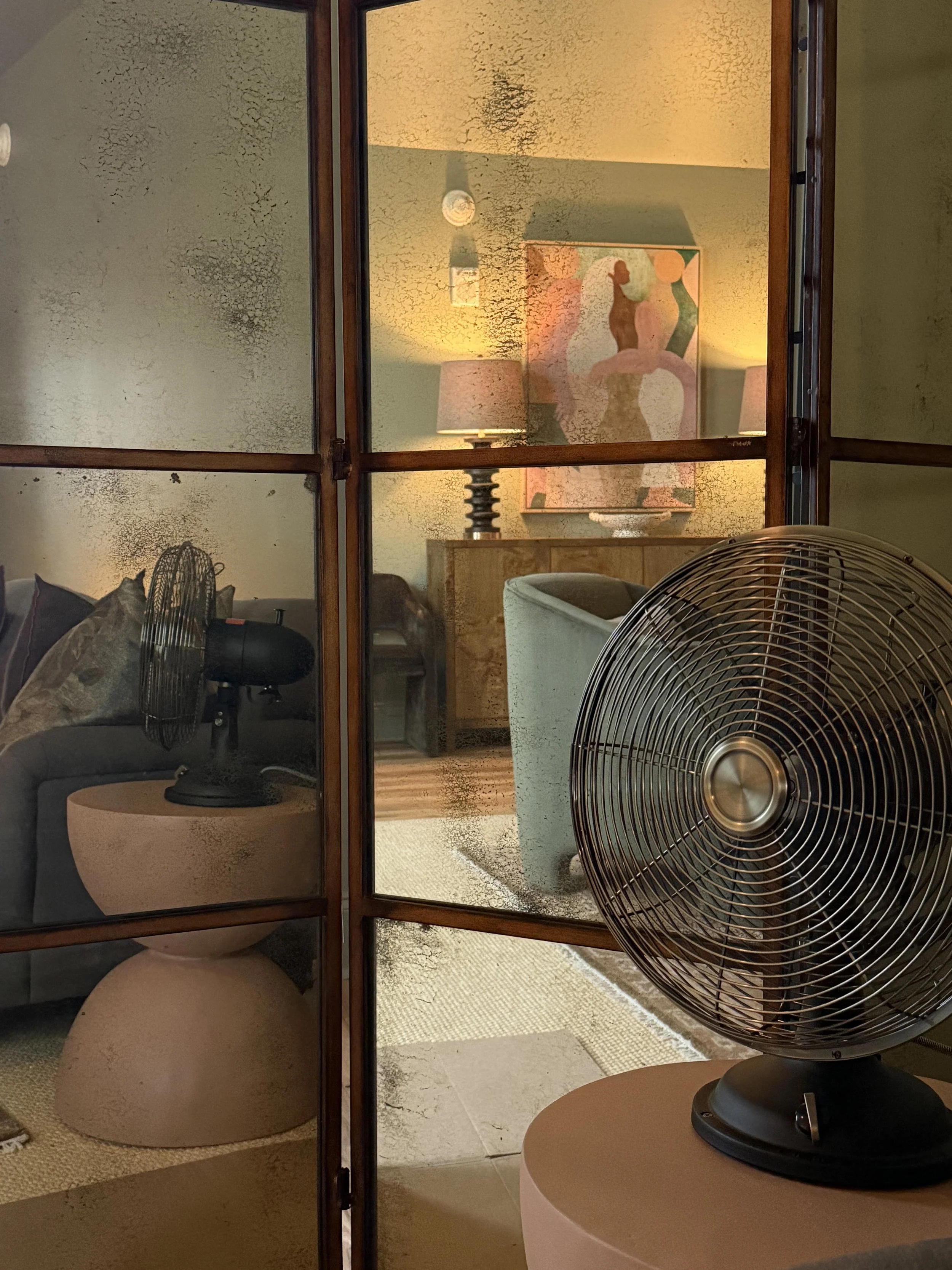 The room reflected in a glass cabinet door beside a vintage fan