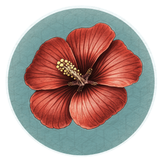 Red hibiscus flower with prominent stamens on a teal background.