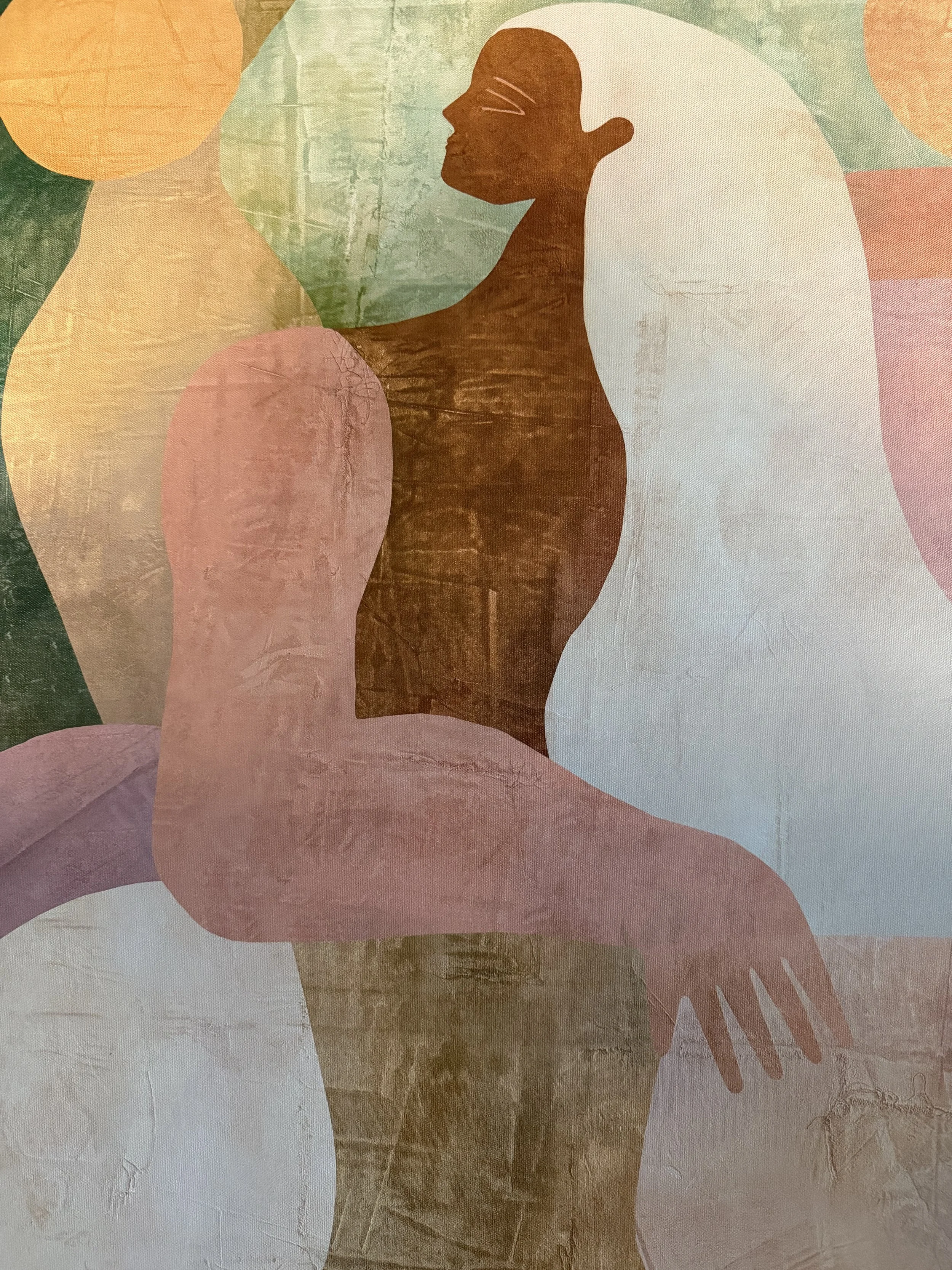 Abstract painting of soft figures in blush, sage, and rust tones