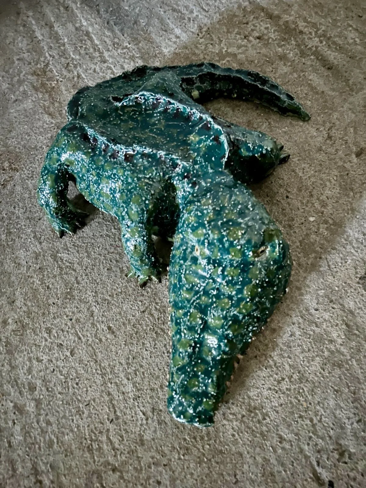 A green, spiny, amphibious creature with a long tail and textured skin lying on a rough, brown surface.