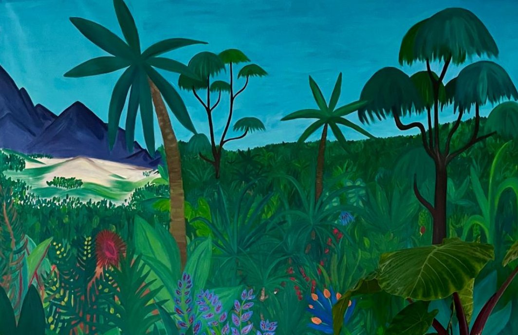 Colorful mural depicting a tropical jungle scene with tall palm trees, dense green foliage, vibrant flowers, mountains in the background, and a partly cloudy sky.