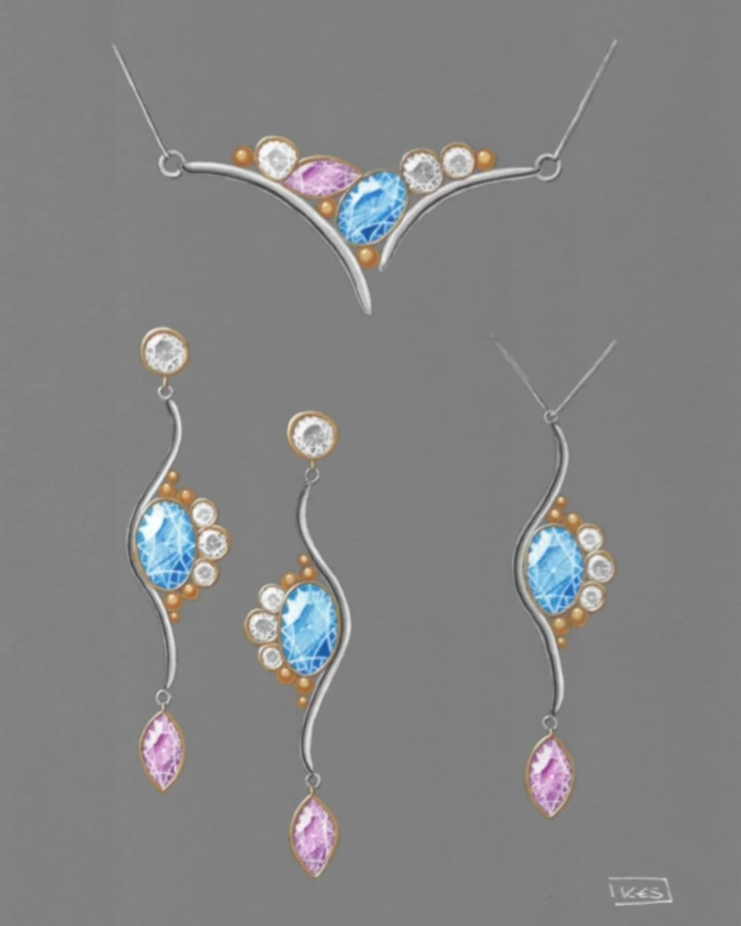 Design is rarely a straight line.

This is the original rendering for the Ondine cluster pendant and earrings. You can see the pendant and the initial idea for the earrings and another pendant, which eventually morphed at the bench into the cluster s