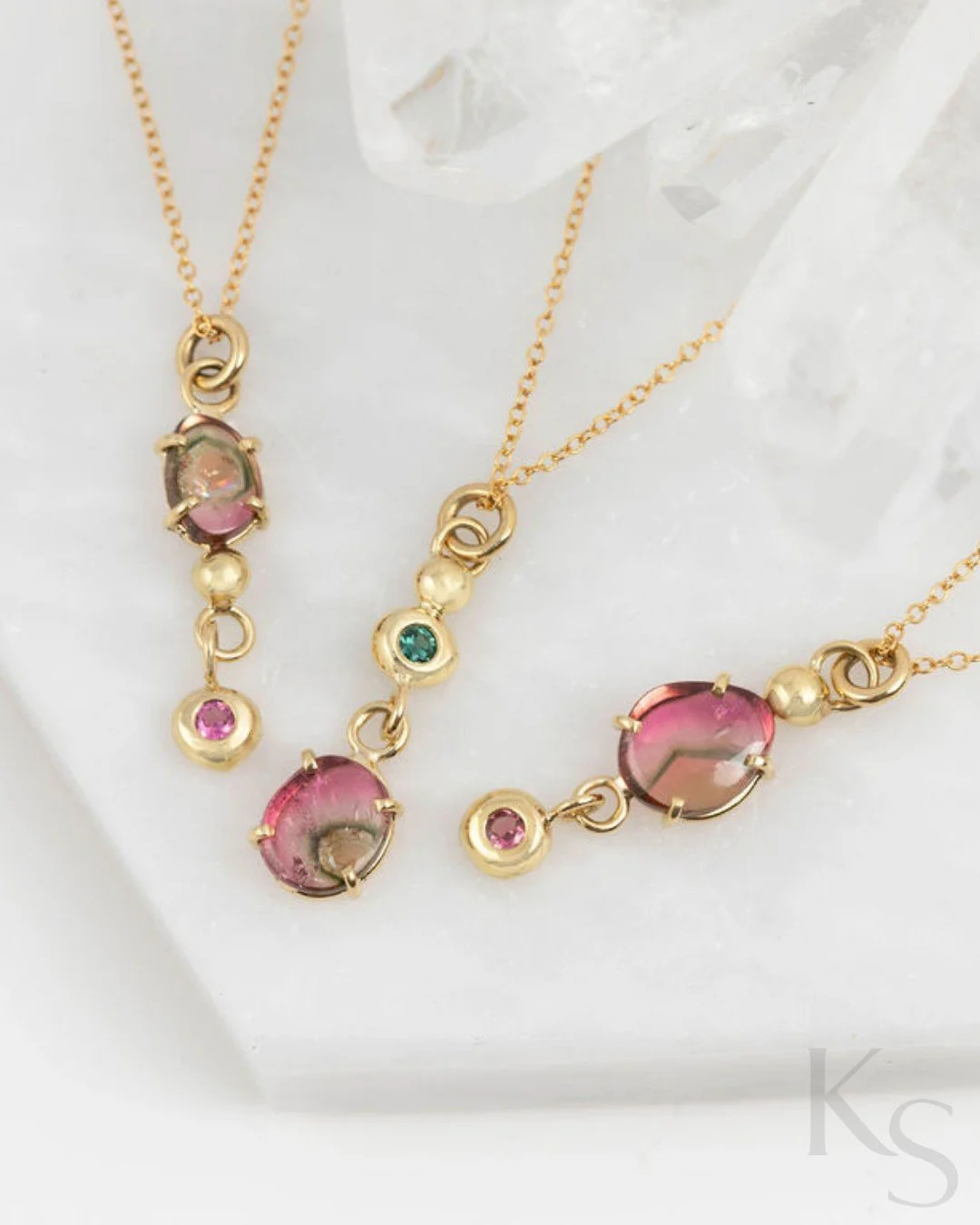 Sway Watermelon Tourmaline Pendants.

A study in kinetic balance. These pieces are designed to respond to the wearer - a subtle, shifting presence that signifies your own agency throughout the day.

Each of these Watermelon Tourmalines is chosen for 