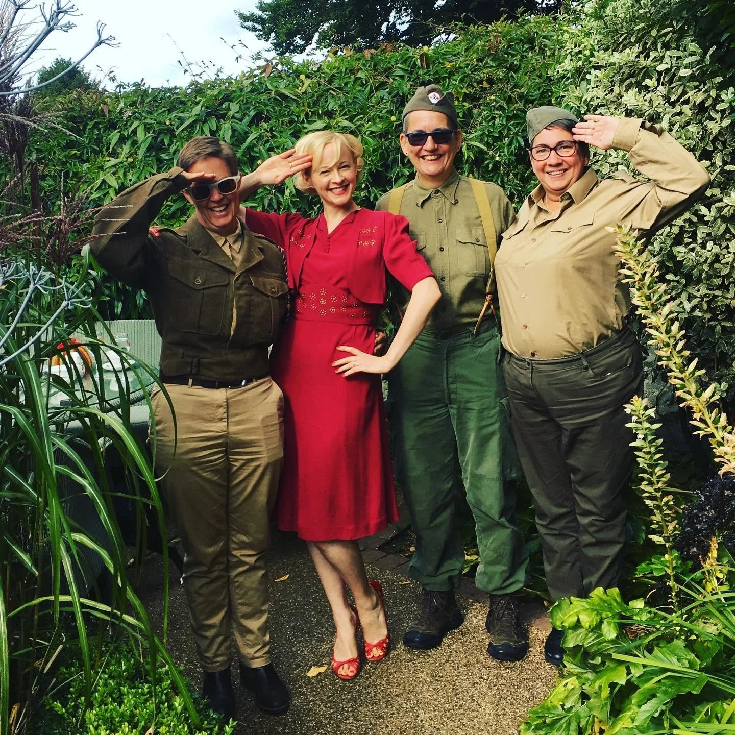 Kitty Mazinsky with guests in 1940s dress at the Folly Tea Rooms in Holt, Norfolk