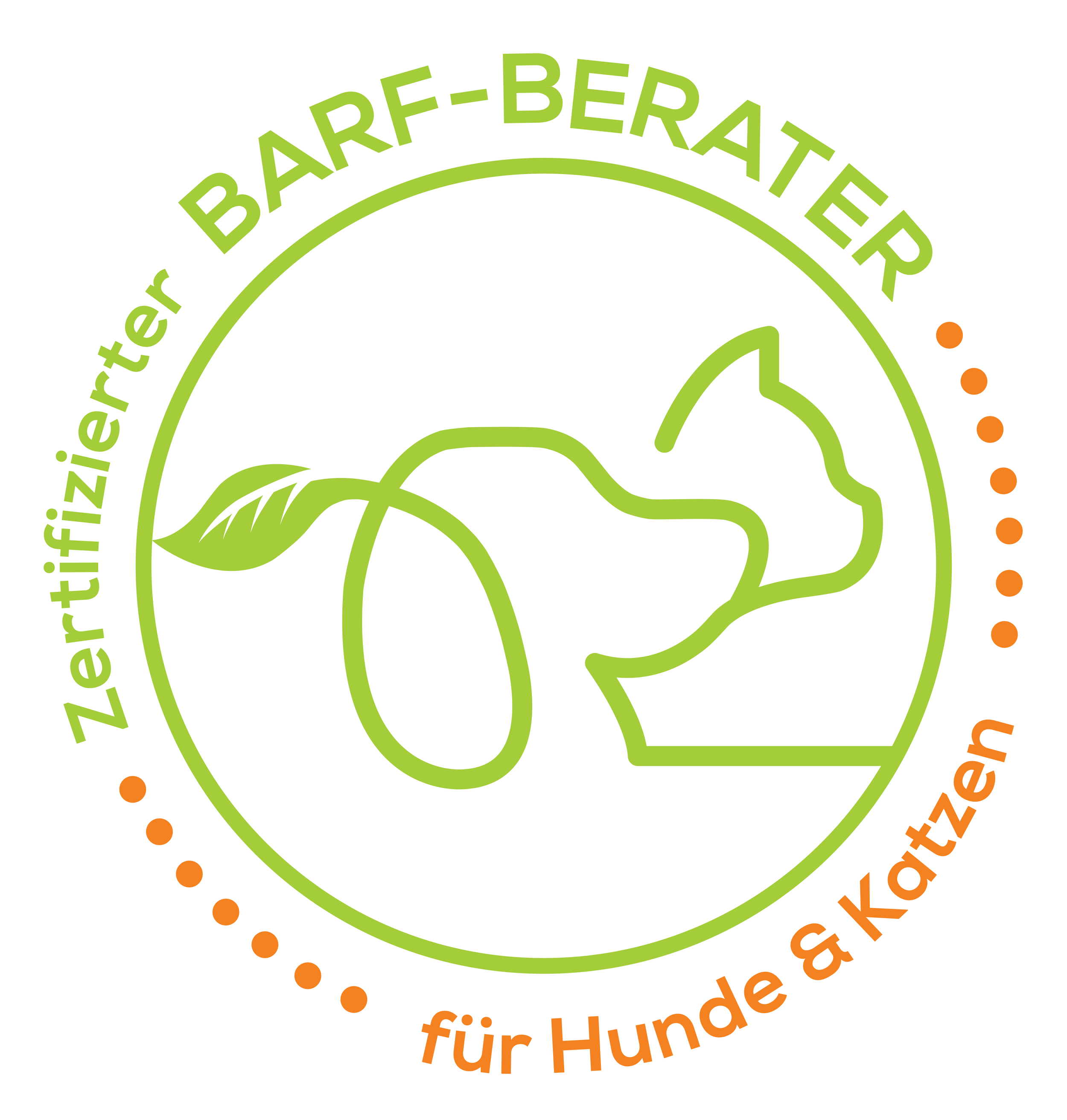 Grünes Logo mit einem stilisierten Baum und Blättern, umgeben von orangefarbenen Punkten, mit dem deutschen Text ‚Zertifizierter Herkunftsbeter für Hunde‘.