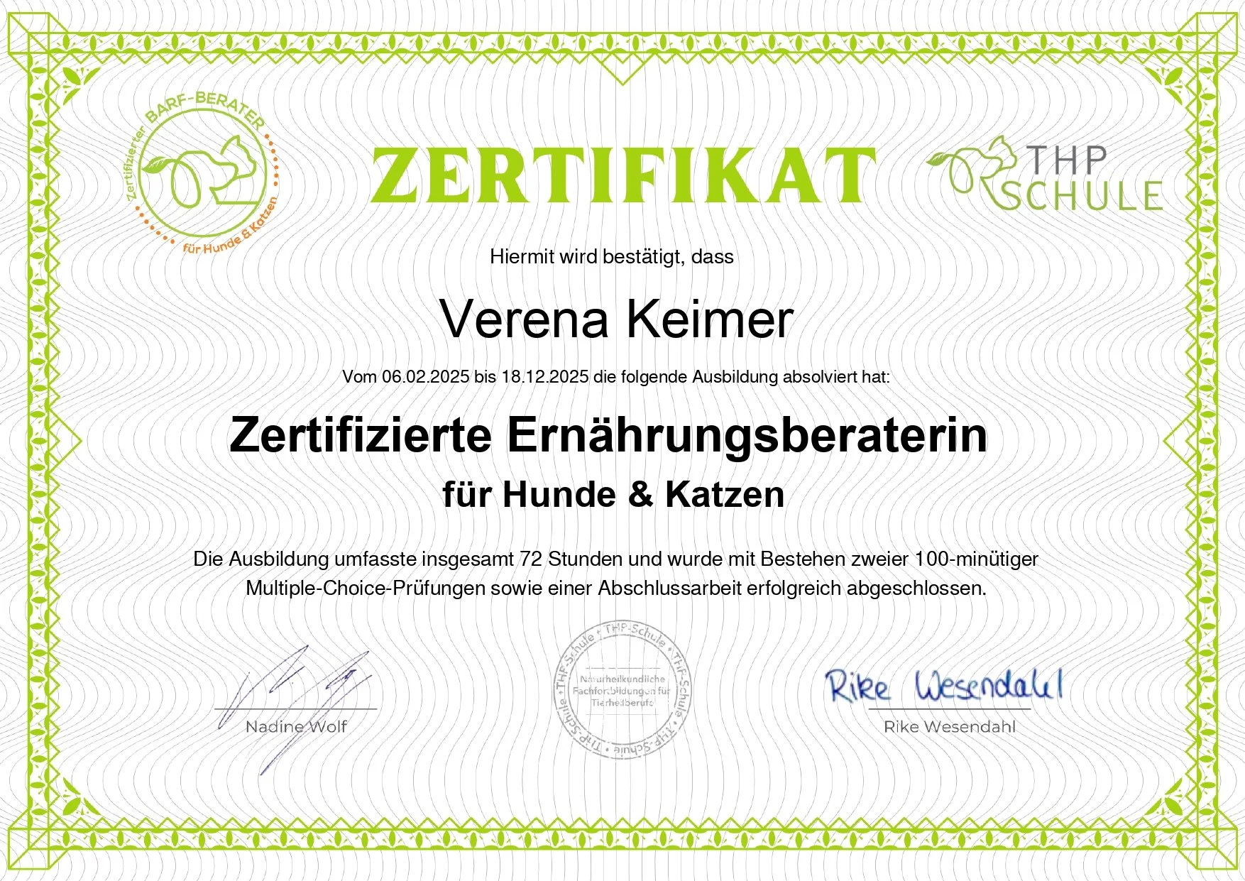 Zertifikat Zertifizierte Ernaehrungsberaterin fuer Hunde und Katzen – THP-Schule 2026