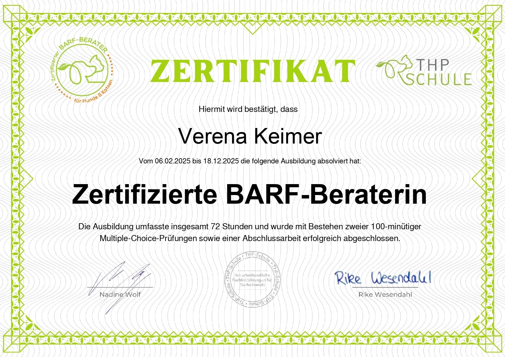 Zertifikat Zertifizierte BARF-Beraterin fuer Hunde und Katzen – THP-Schule 2026