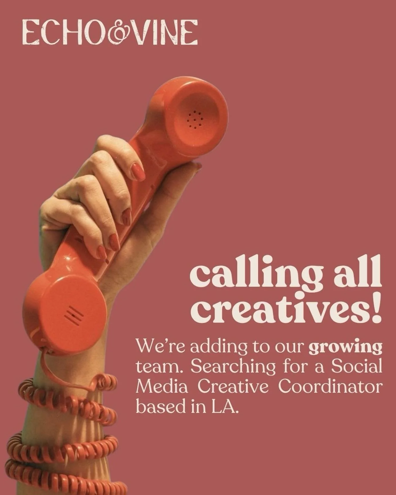 Hey you! Echo &amp; Vine Creative is growing! A year ago it was just me. Now we&rsquo;re a (small but mighty) team, and we&rsquo;re ready to add one more. 🌱 Echo &amp; Vine is looking for a Social Media Creative Coordinator in the LA area who&rsquo;