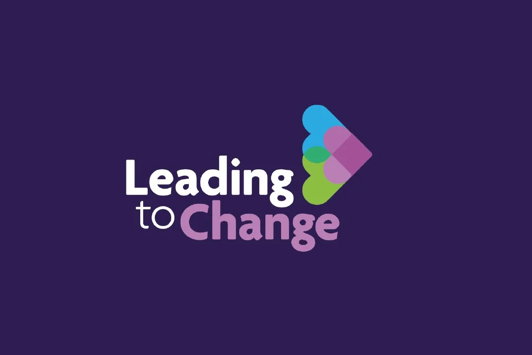 Leading to Change Logo: Graphic with the text "Leading to Change" and a multicolored arrow pointing to the right on a dark purple background.