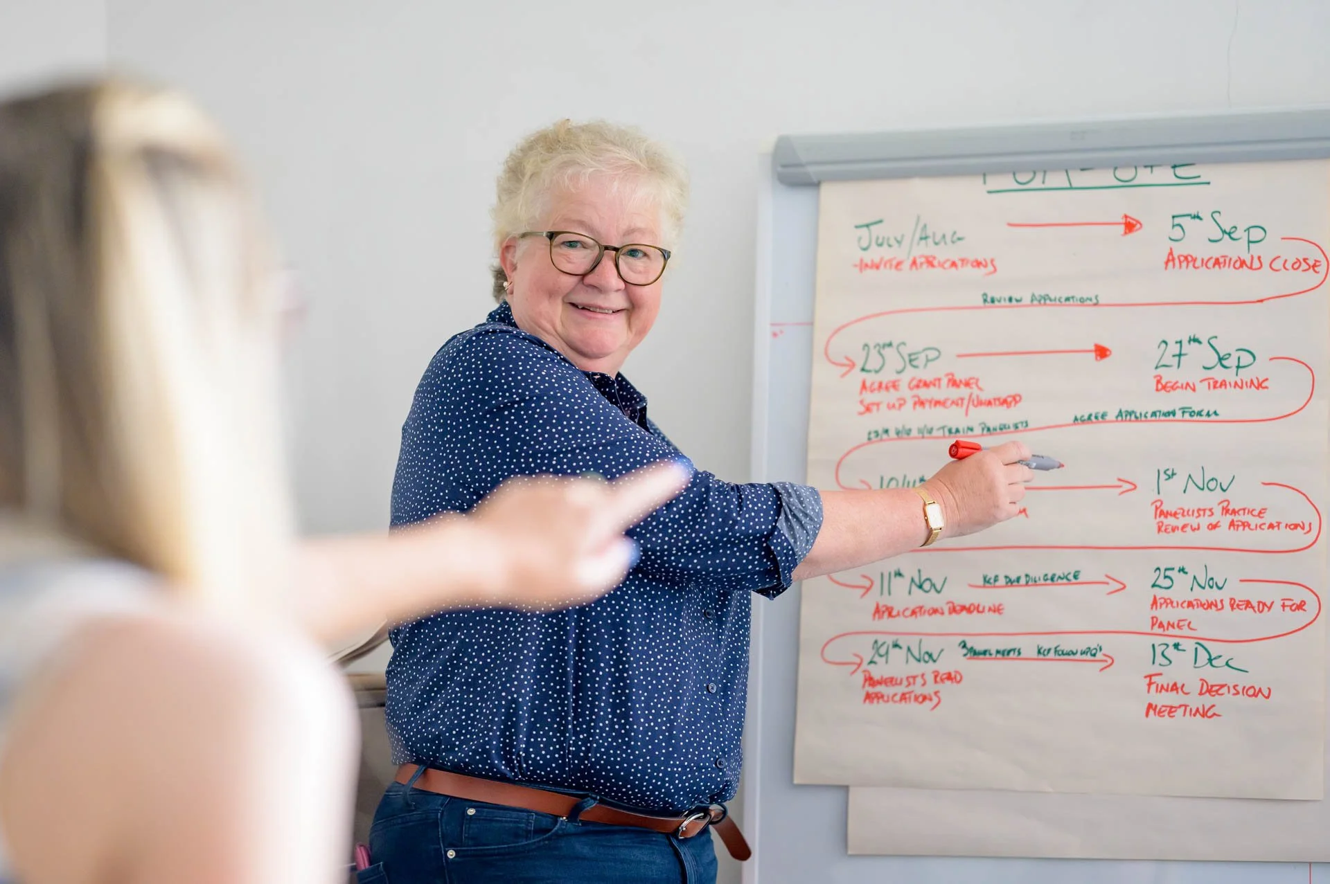 A smiling older woman with glasses and curly gray hair pointing to a whiteboard filled with handwritten notes in red and green ink. The notes include dates and tasks, and the woman appears to be leading a discussion or presentation in a classroom or office setting.