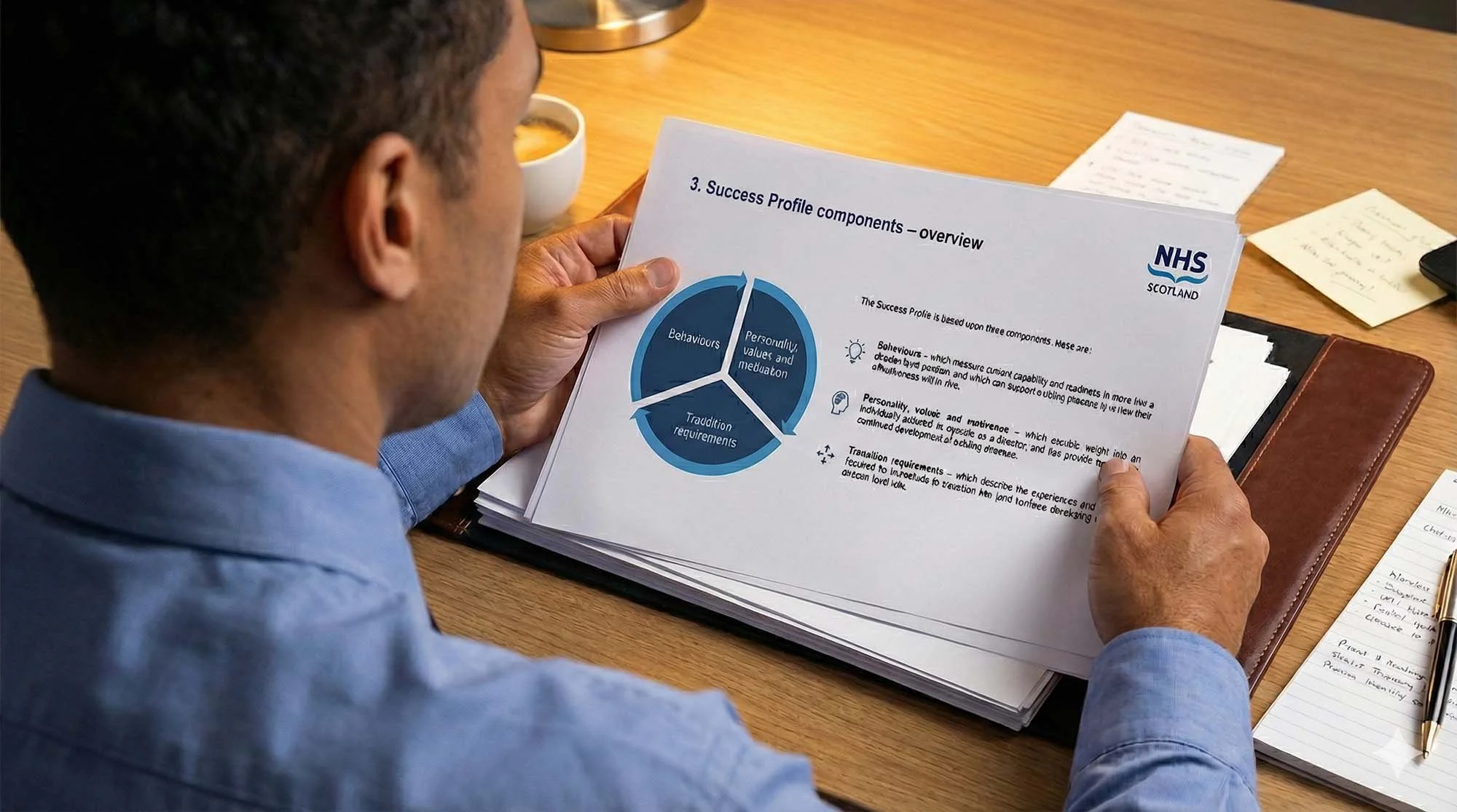 A man in a blue shirt sitting at a wooden desk, holding a paper with a pie chart and text, with notes and a pen on the desk.