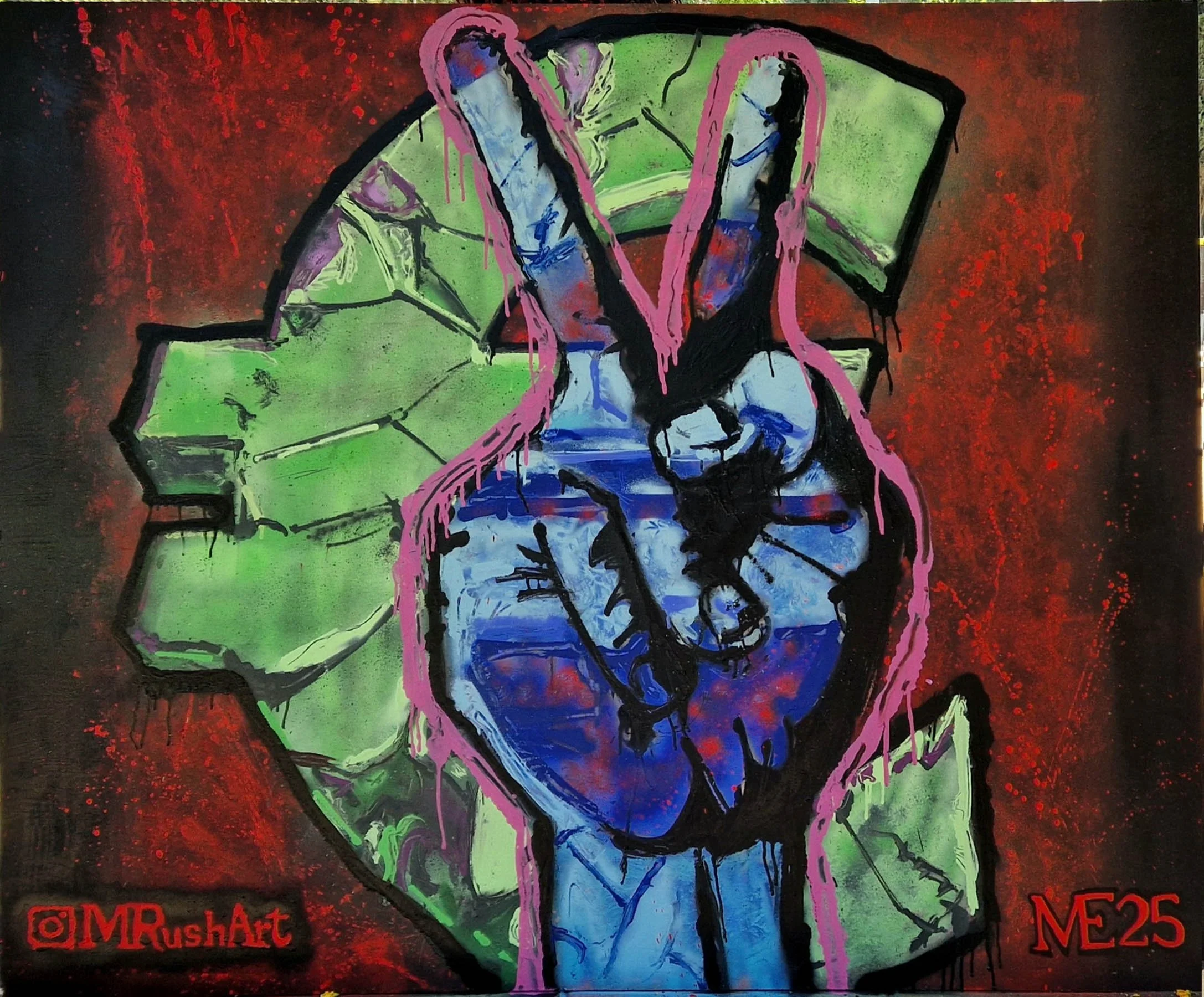 Victory over Profit, spray paint on wood panel.