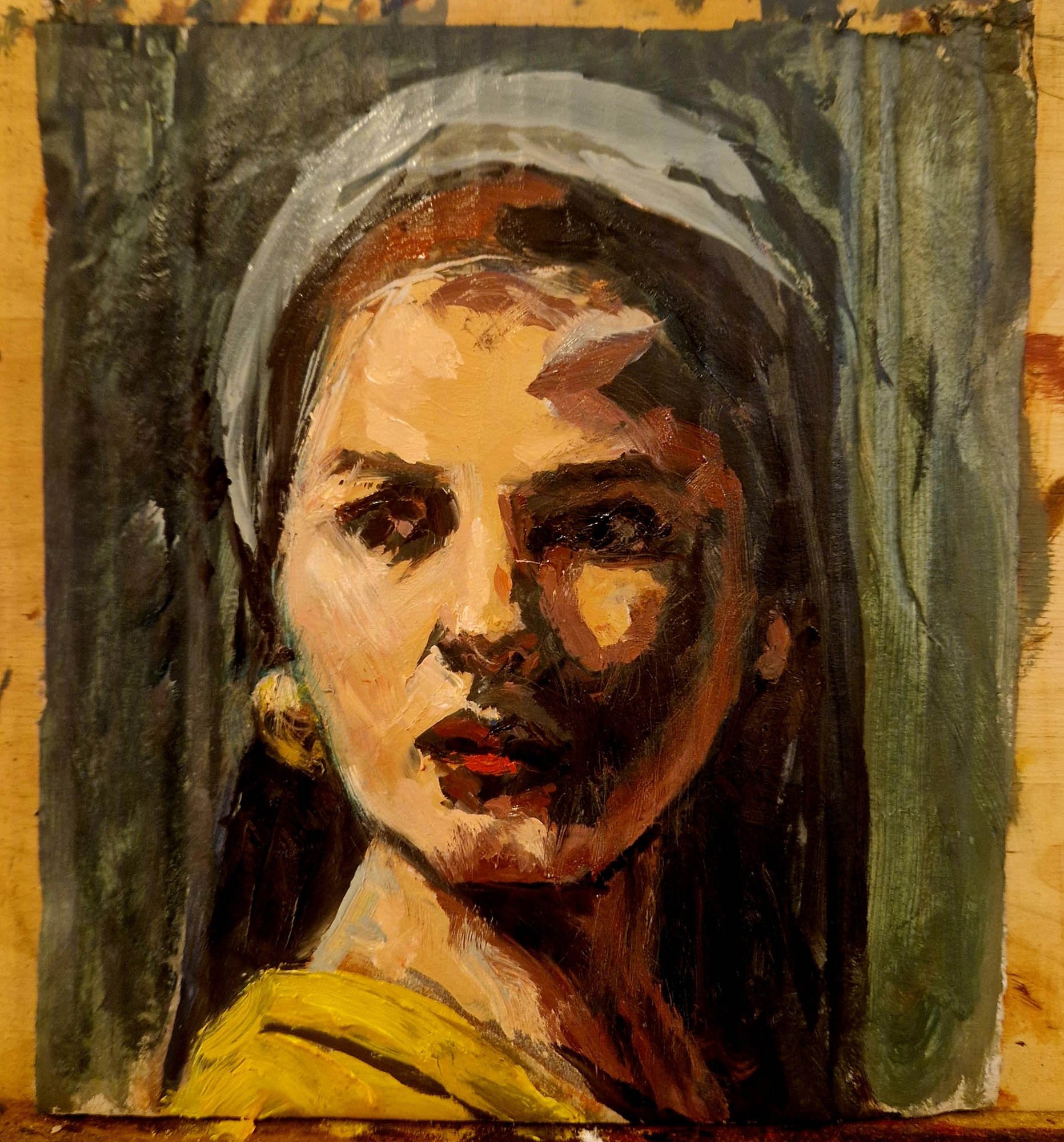 Lady in a Blue Head Scarf, oil study on cardboard by Matthew Rush Elmore.