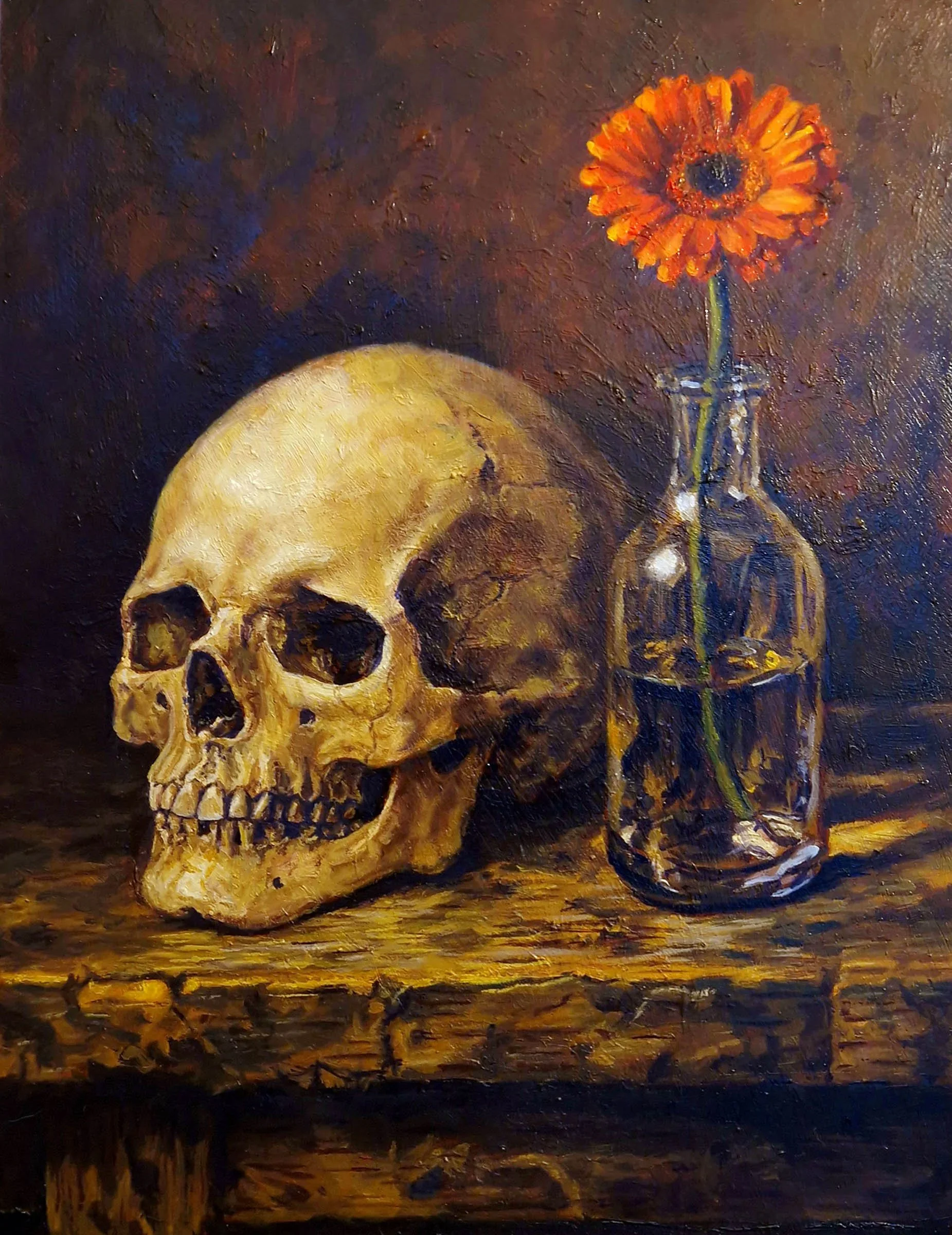 Memento Mori with Gerbera oil painting by Matthew Rush Elmore.
