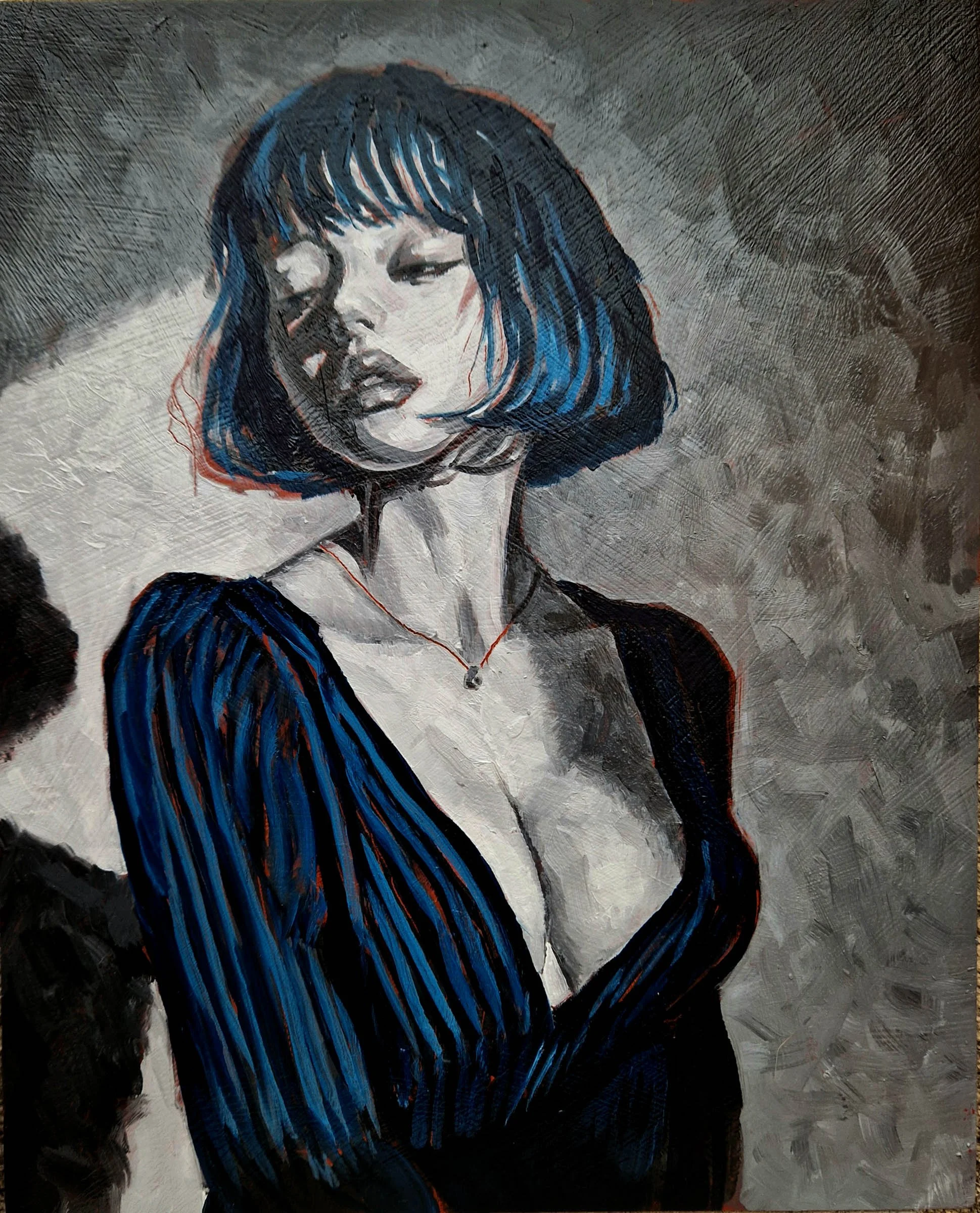 Black, White, and Blue Lady oil painting by Matthew Rush Elmore.