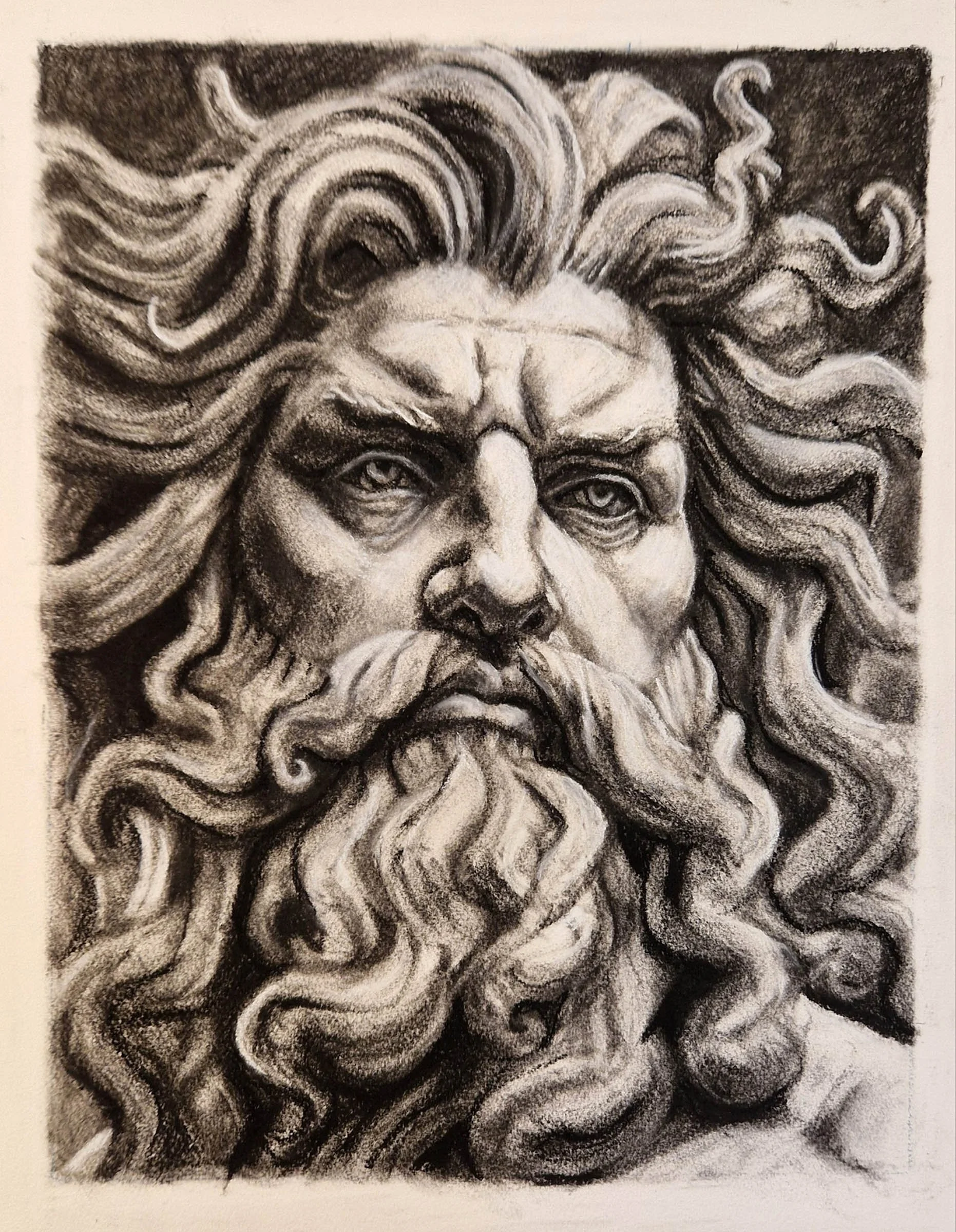 Neptune portrait charcoal drawing by Matthew Rush Elmore.