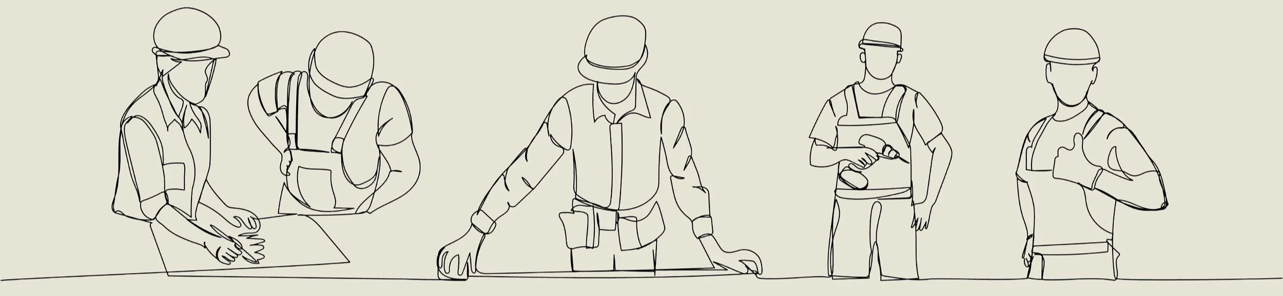 Line drawing of five construction workers wearing helmets and safety vests, standing around a table, engaged in discussion or planning.