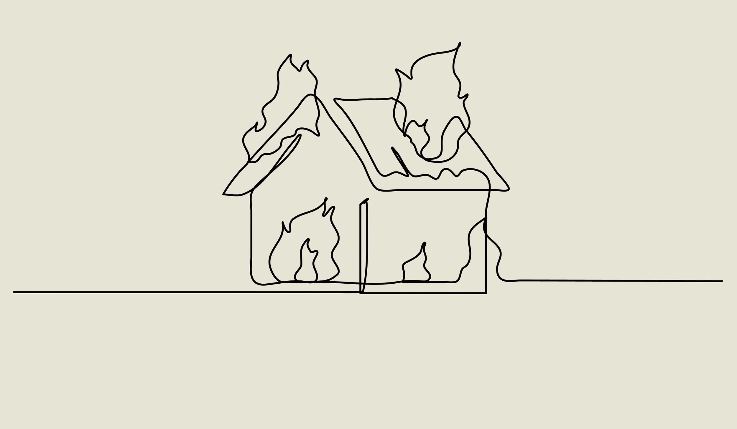 Line drawing of a house on fire with flames coming out of windows and roof.