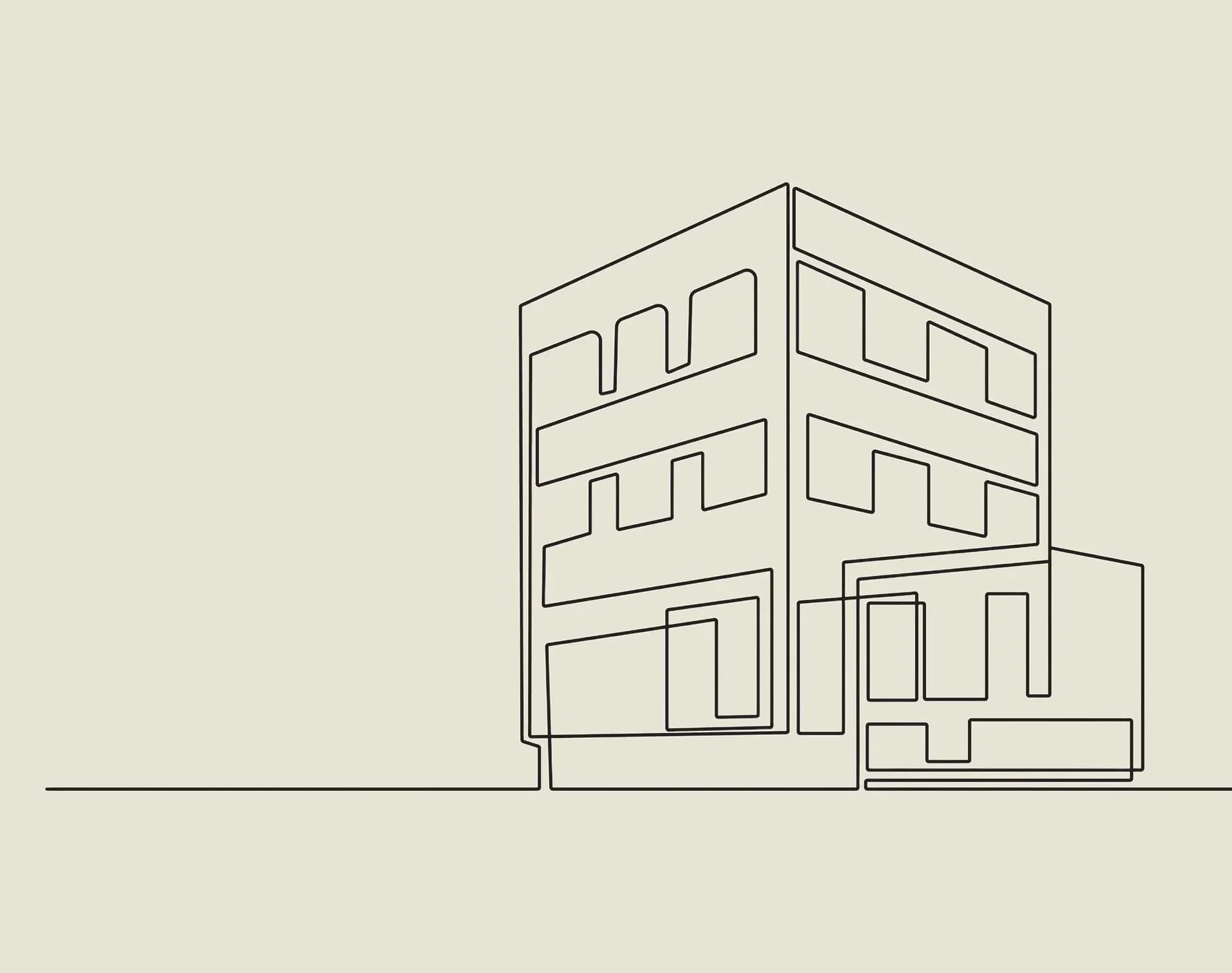 Line drawing of modern multi-story building with rectangular windows and geometric design, set against a plain background.