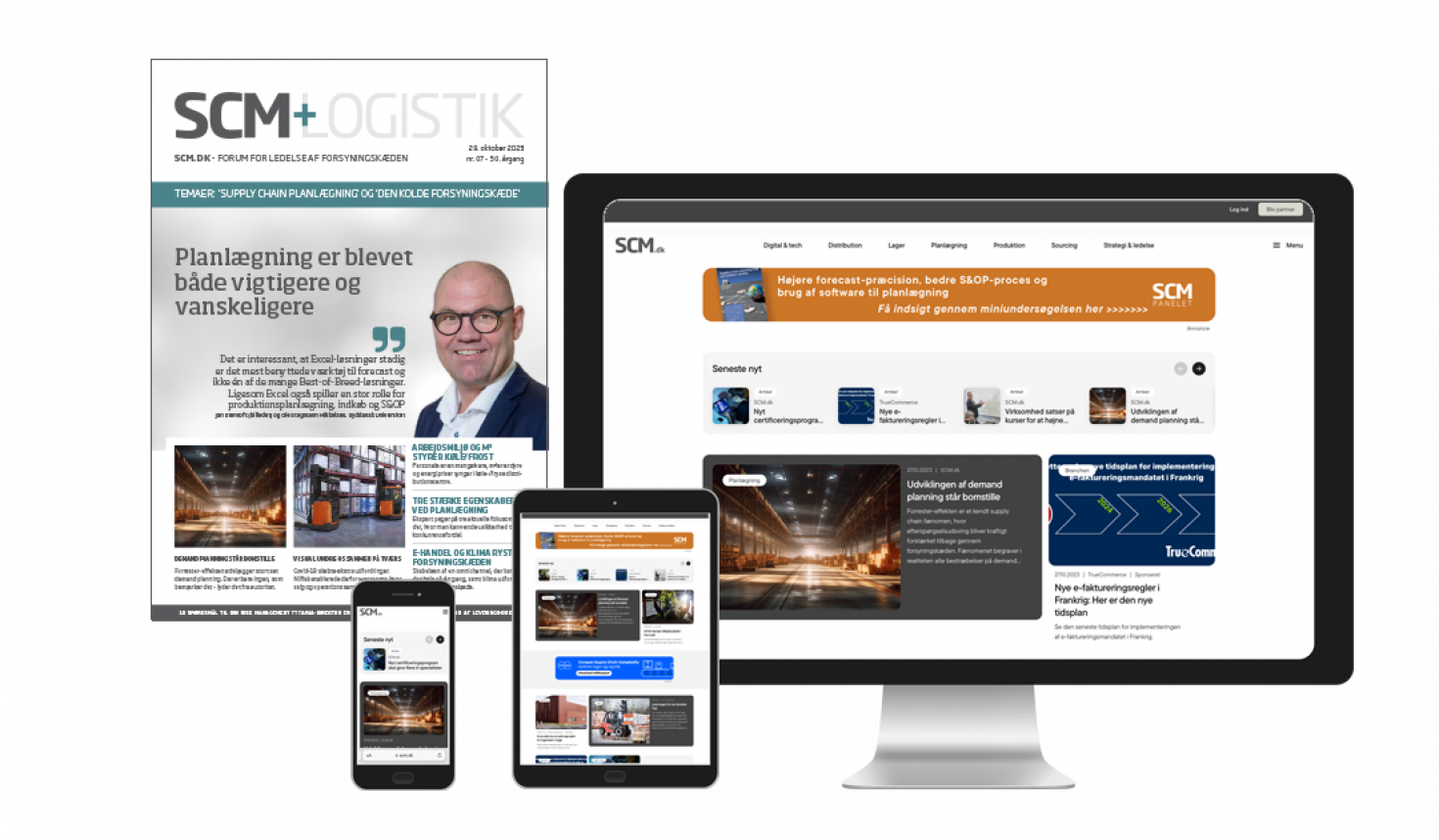 Digital display screens showcasing a newsletter named SCM+LOGISTIK in various formats on a desktop, tablet, and smartphone.