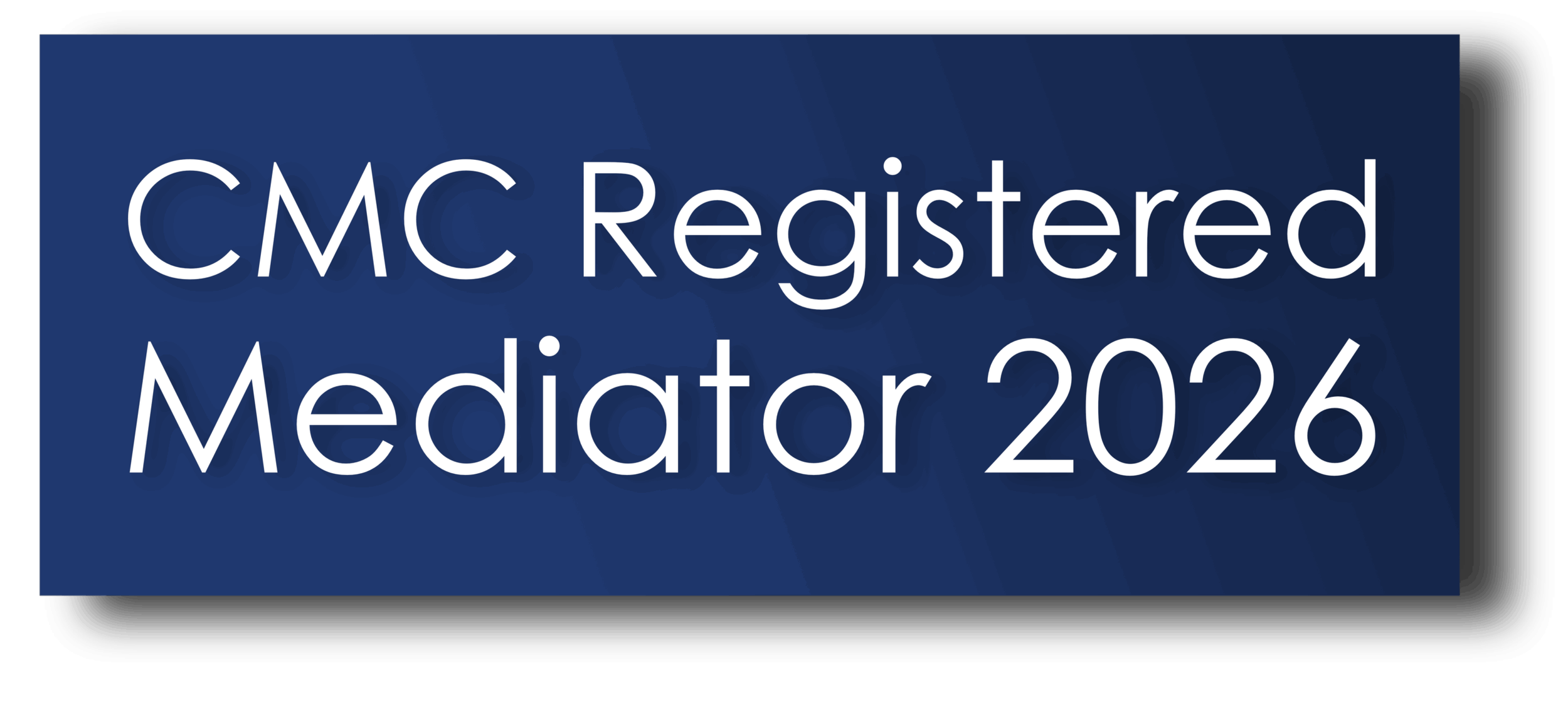 Blue rectangular badge with white text reading 'CMC Registered Mediator 2026'.