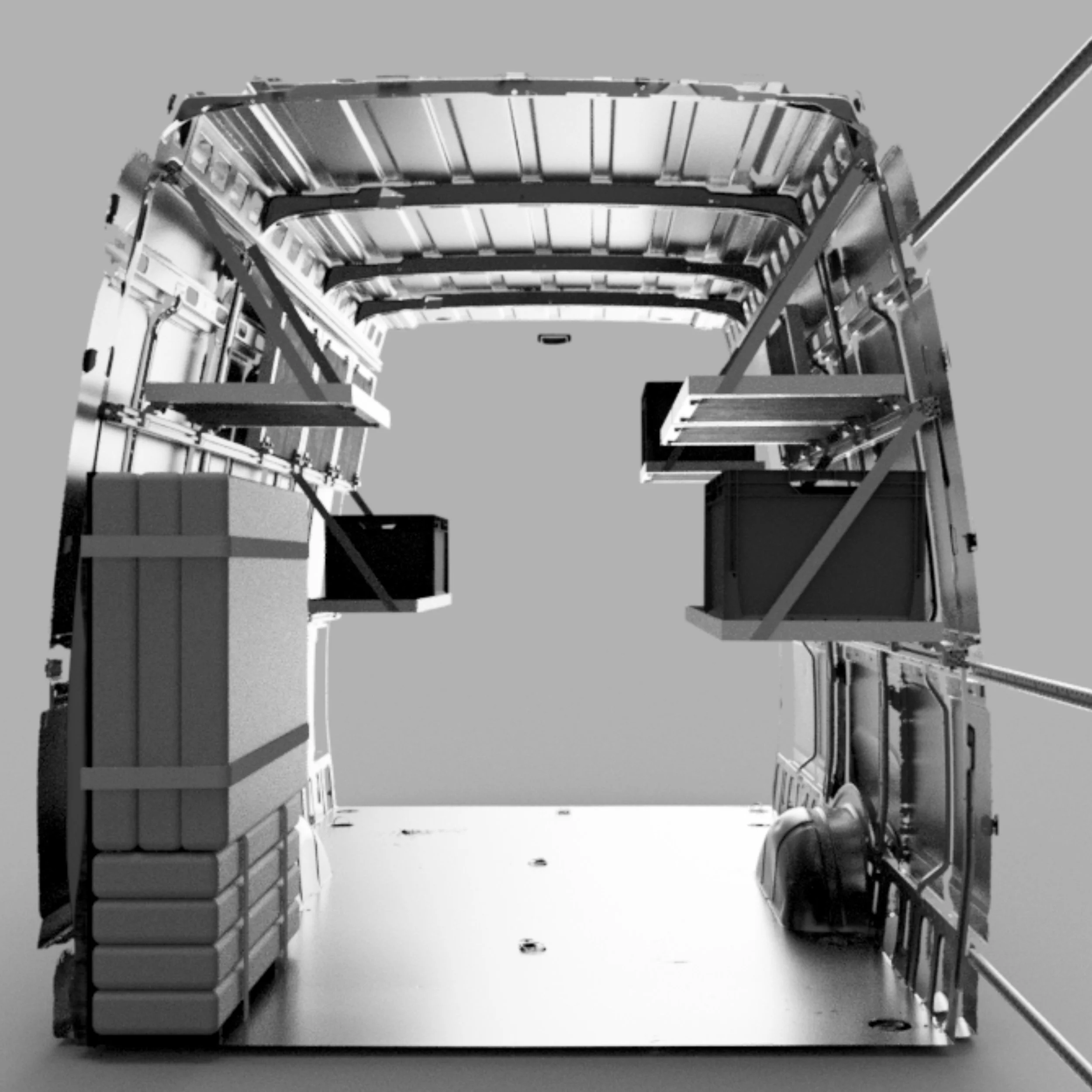 Innere Ansicht eines Vans mit Ausbau für Transport-Anwendung mittels Formrohren, Euroboxen und weiterem.