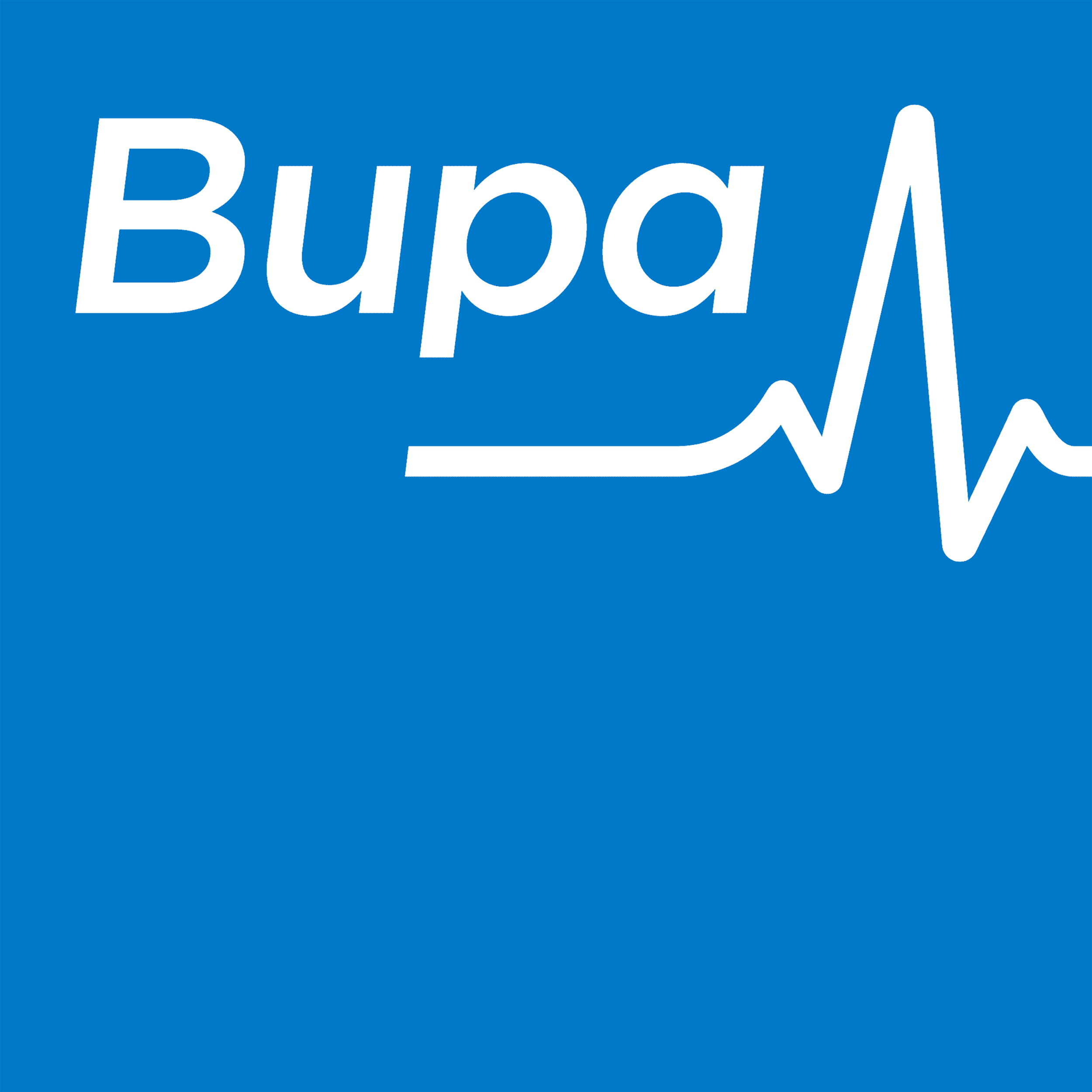 Bupa logo with a heart rate line design in white on a blue background.