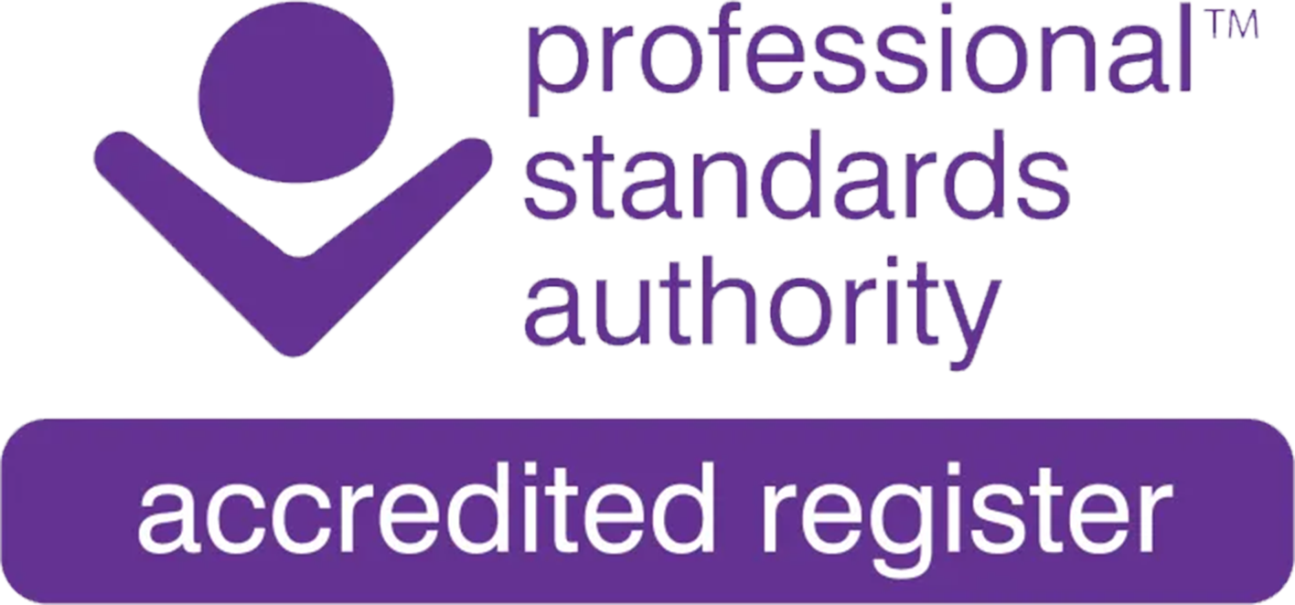 A badge with a purple checkmark icon and the words "professional standards authority" in purple, and a purple oval with the white text "accredited register" on it.