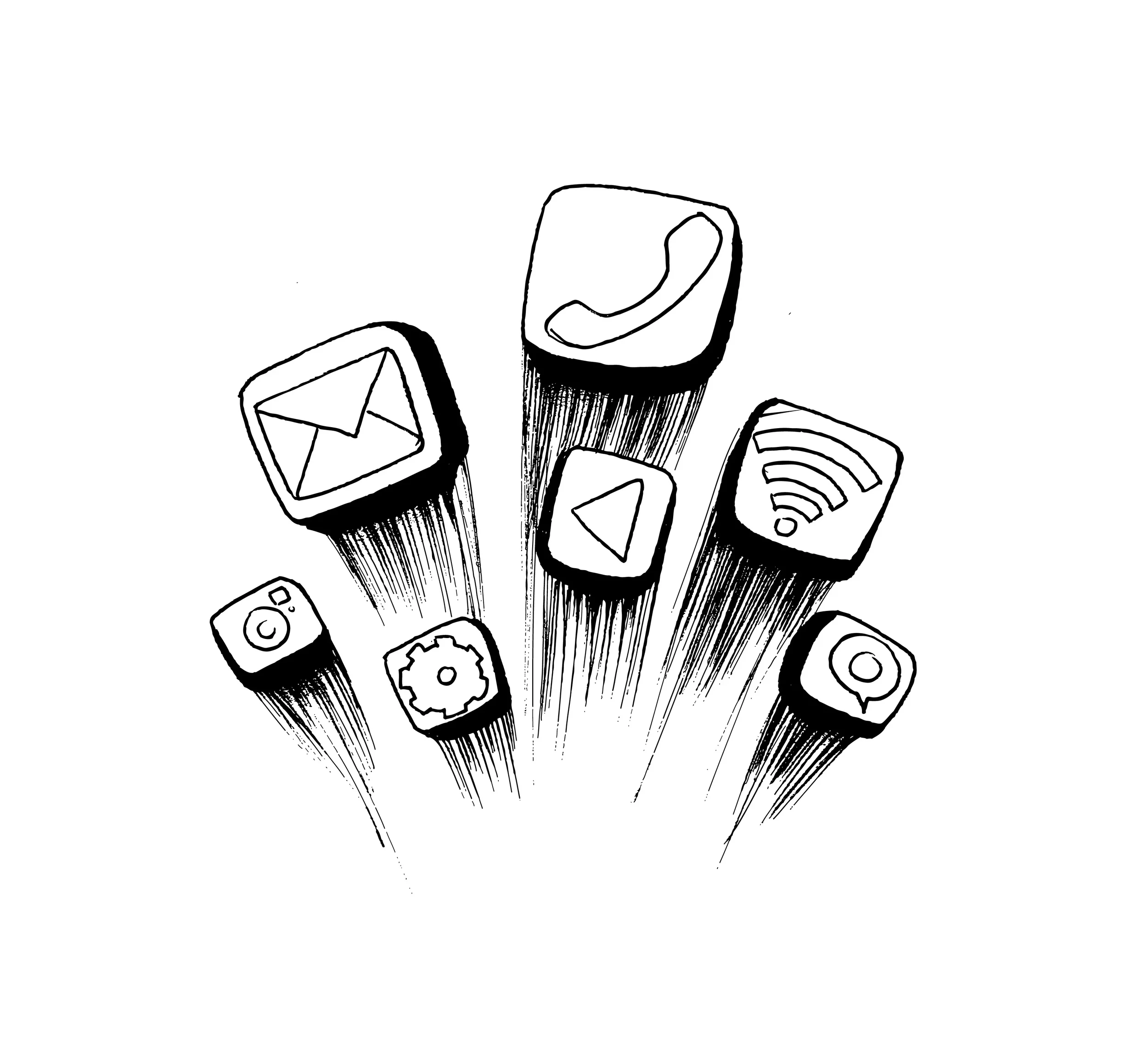 Zes app-icoontjes in zwart-wit, waaronder e-mail, videocall, instellingen, play, wifisignaal, en chat, allemaal met stralen die uit het midden naar voren komen.